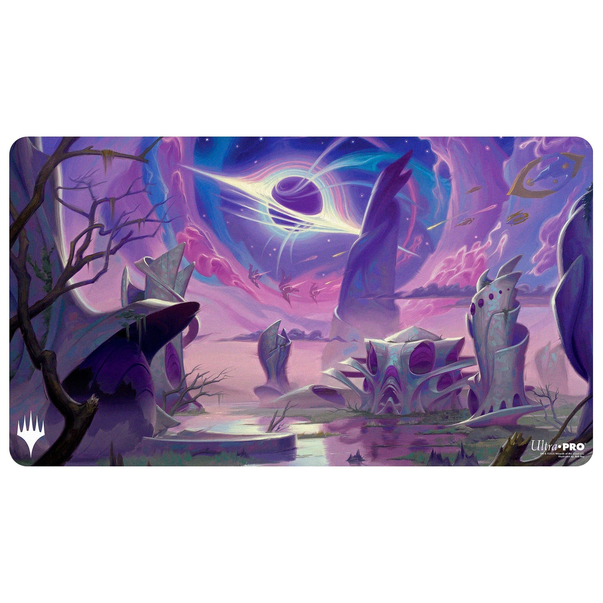 A purple and blue cosmic landscape playmat featuring a black hole and alien structures. Brand: MTG PRO Shop, Item: Edge of Eternities - Playmat - Godless Shrine - Rob Rey for Magic: The Gathering