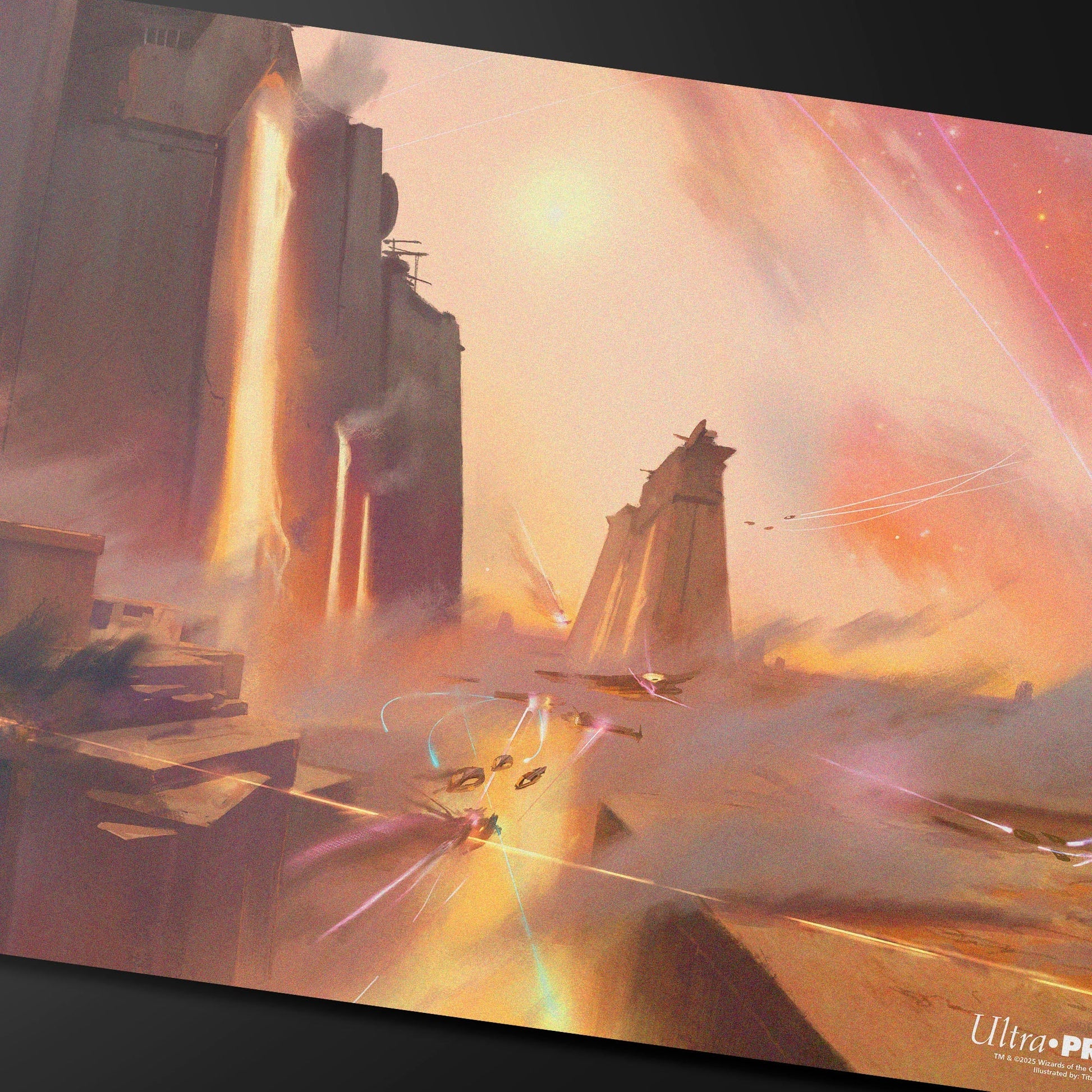 A vibrant, action-packed playmat depicting a space battle over a ruined city, featuring starships and energy blasts. Brand: Ultra PRO, Item: Edge of Eternities - Playmat - Sacred Foundry - Titus Lunter for Magic: The Gathering.