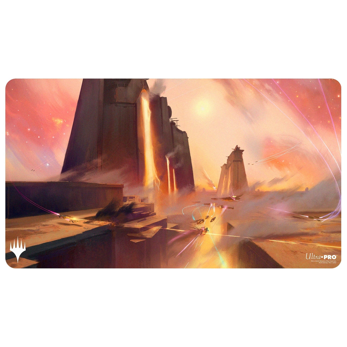 A Magic: The Gathering "Edge of Eternities" Playmat featuring a battle scene with futuristic structures and spacecraft, illustrated by Titus Lunter. Brand: MTG PRO Shop.