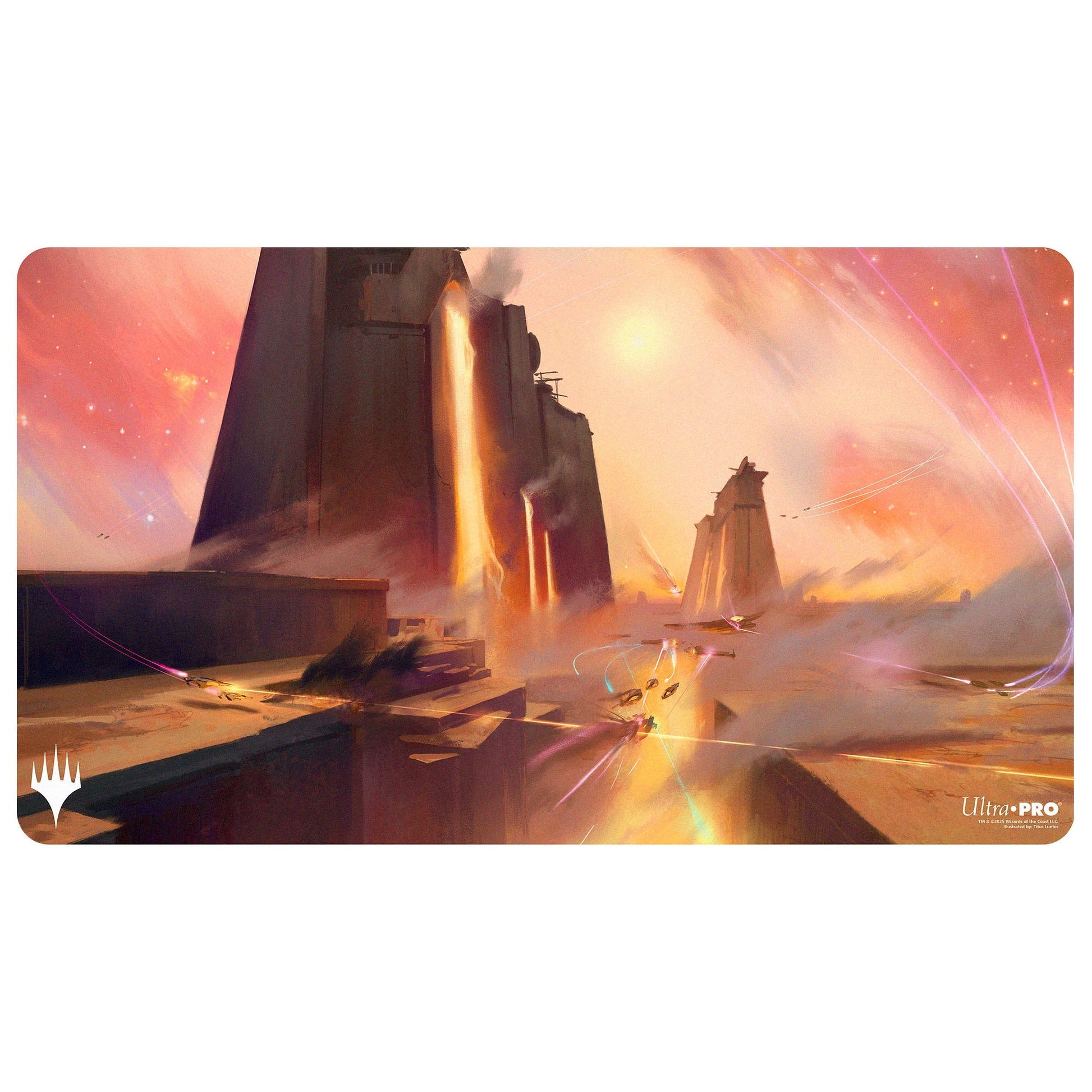 A Magic: The Gathering "Edge of Eternities" Playmat featuring a battle scene with futuristic structures and spacecraft, illustrated by Titus Lunter. Brand: MTG PRO Shop.