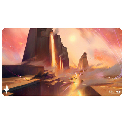 A Magic: The Gathering "Edge of Eternities" Playmat featuring a battle scene with futuristic structures and spacecraft, illustrated by Titus Lunter. Brand: MTG PRO Shop.