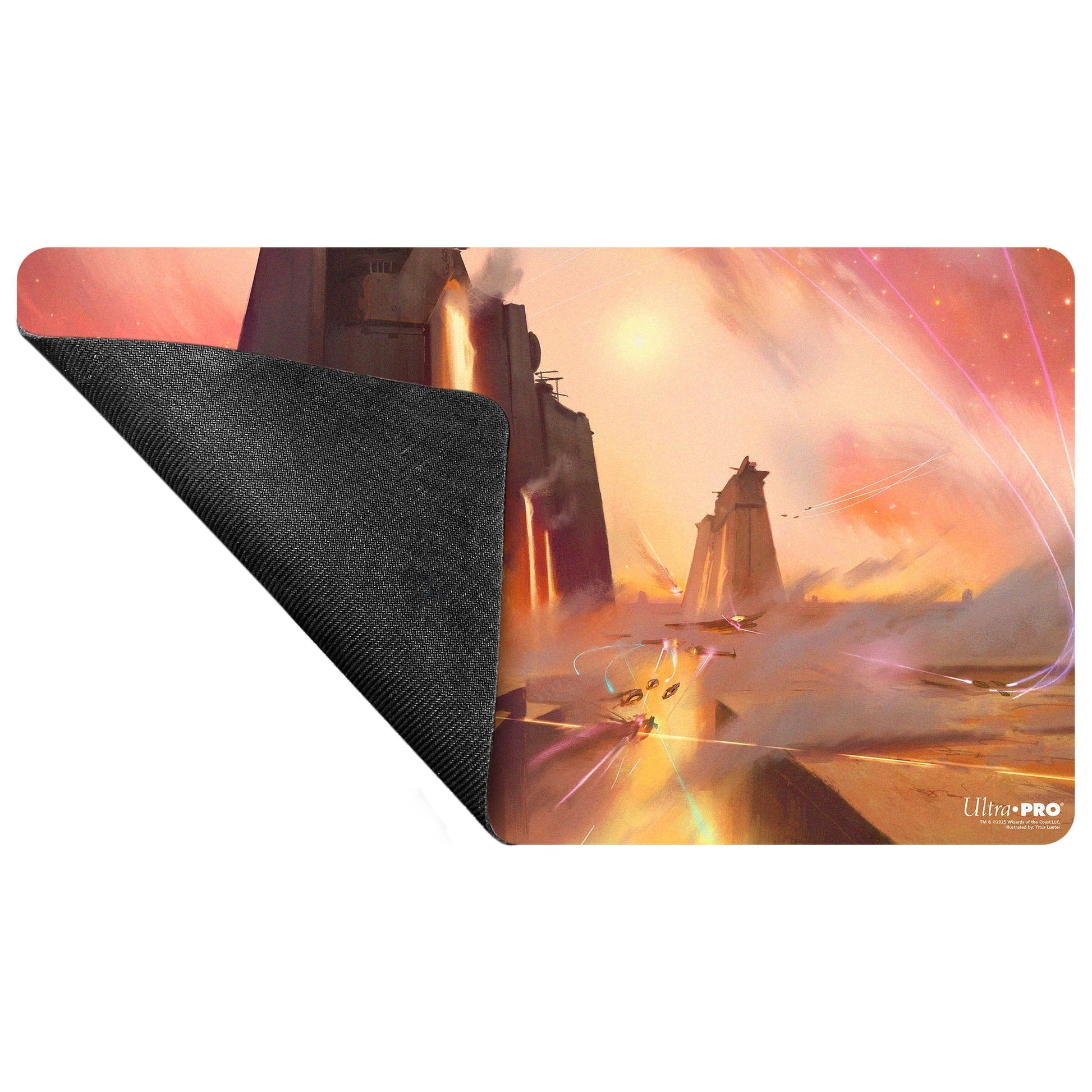 A Magic: The Gathering "Edge of Eternities" Playmat featuring artwork by Titus Lunter, showing a futuristic battle scene with spacecraft and towering structures under a fiery sky. The back of the mat is black and textured.