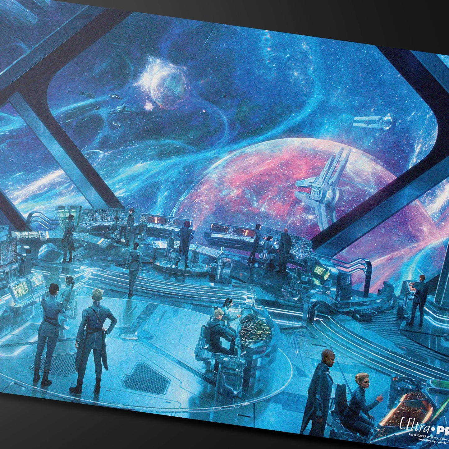 A blue and purple space-themed playmat featuring a command bridge with figures and planets. Brand: Magic: The Gathering, Item: Edge of Eternities - Playmat - Command Bridge - Constantin Marin.