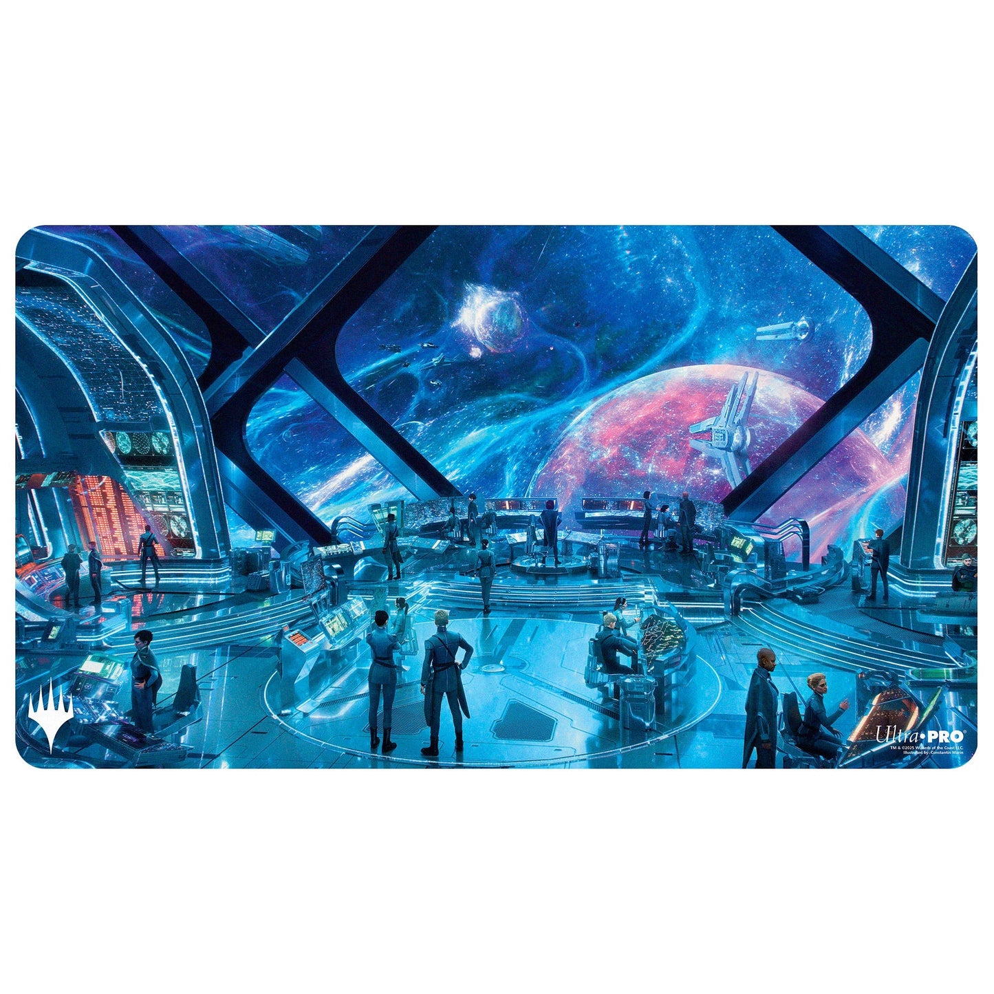 A blue futuristic spaceship bridge playmat featuring a cosmic view. Brand: MTG PRO Shop, Item: Edge of Eternities - Command Bridge Playmat