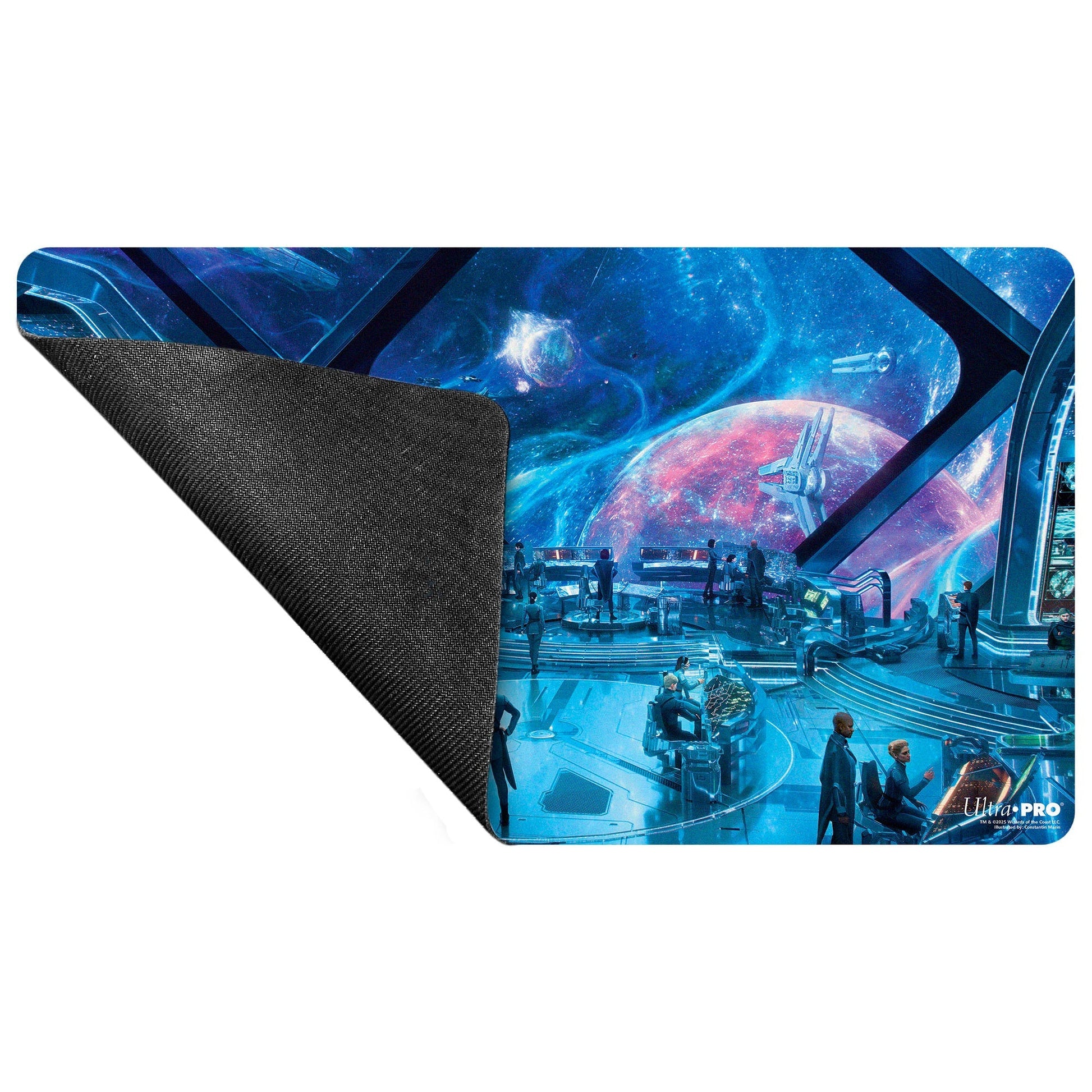 A blue and purple space-themed playmat featuring a command bridge scene with a planet and spaceship, illustrated by Constantin Marin. Brand: Ultra Pro, Item: Edge of Eternities Playmat.