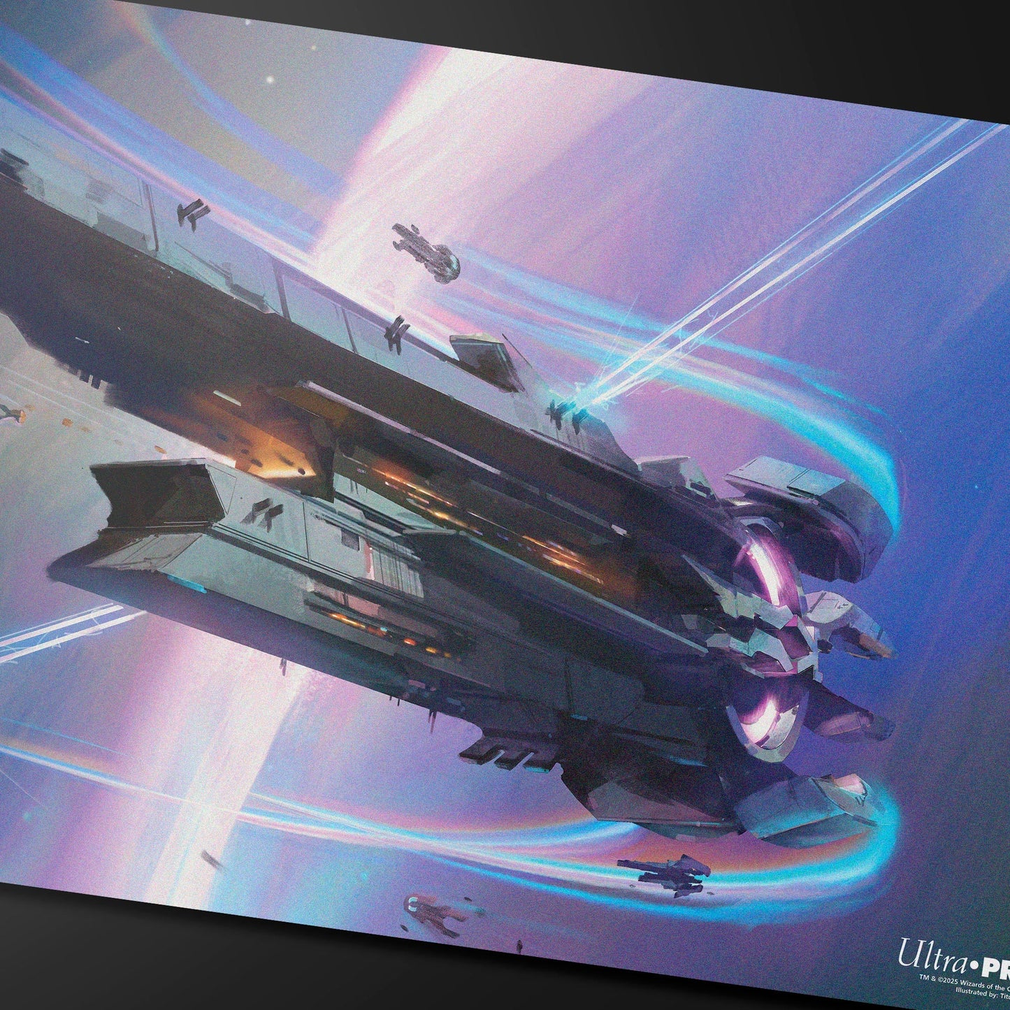 A purple and blue space-themed playmat featuring a large flagship vessel and smaller ships, with glowing energy trails. Brand: Ultra PRO, Item: Edge of Eternities - Playmat - Inspirit, Flagship Vessel - Titus Lunter for Magic: The Gathering.