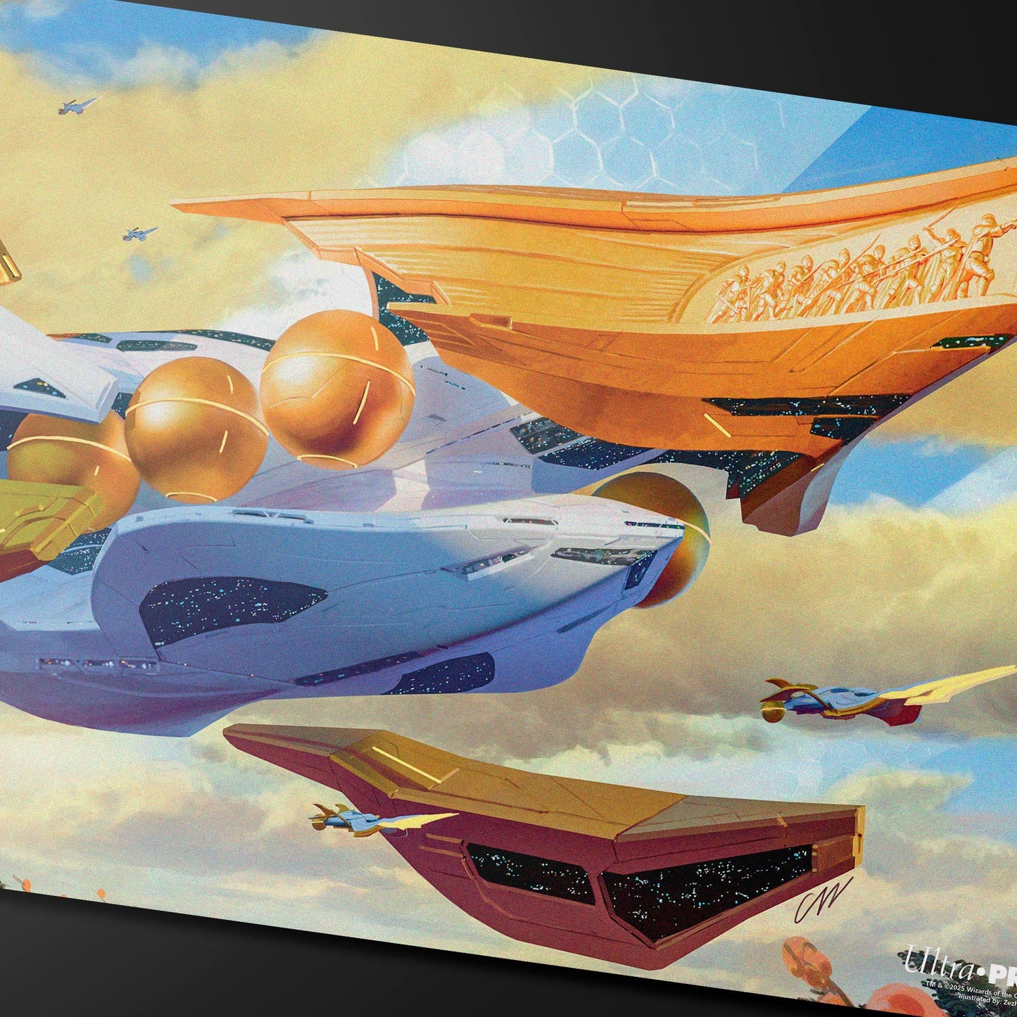 A fantasy art playmat featuring Lumen-Class Frigates and smaller ships in a cloudy sky, illustrated by Zezhou Chen for Magic: The Gathering.