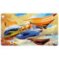 A colorful playmat featuring the Lumen-Class Frigate from Edge of Eternities, illustrated by Zezhou Chen. Brand: MTG PRO Shop, Item: Edge of Eternities - Playmat - Lumen-Class Frigate - Zezhou Chen for Magic: The Gathering.