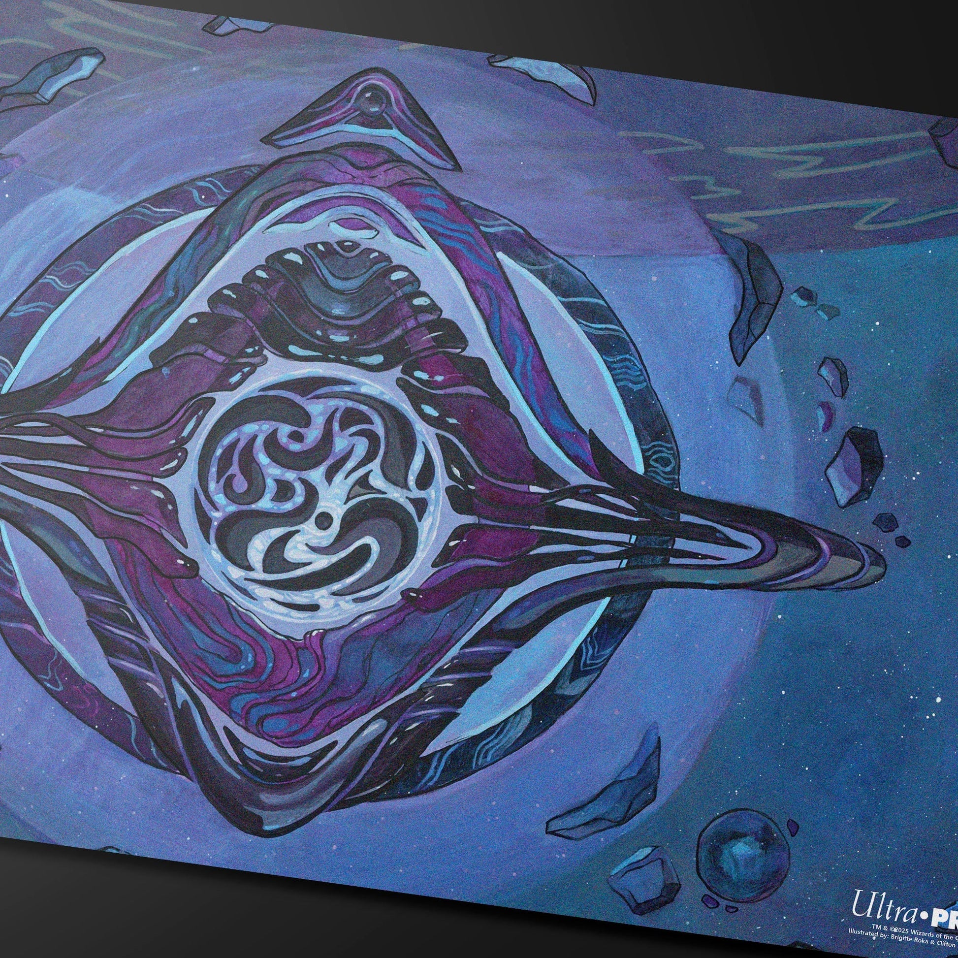 A purple and blue abstract cosmic playmat featuring swirling patterns and floating rocks. Brand: Ultra PRO, Item: Edge of Eternities - Archenemy's Charm Playmat.