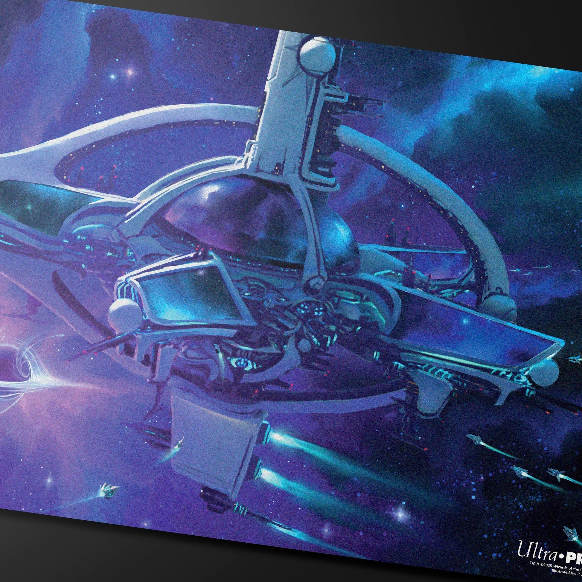 A vibrant space-themed playmat featuring the Infinite Guideline Station from Magic: The Gathering, illustrated by Piotr Dura. Brand: Ultra PRO.