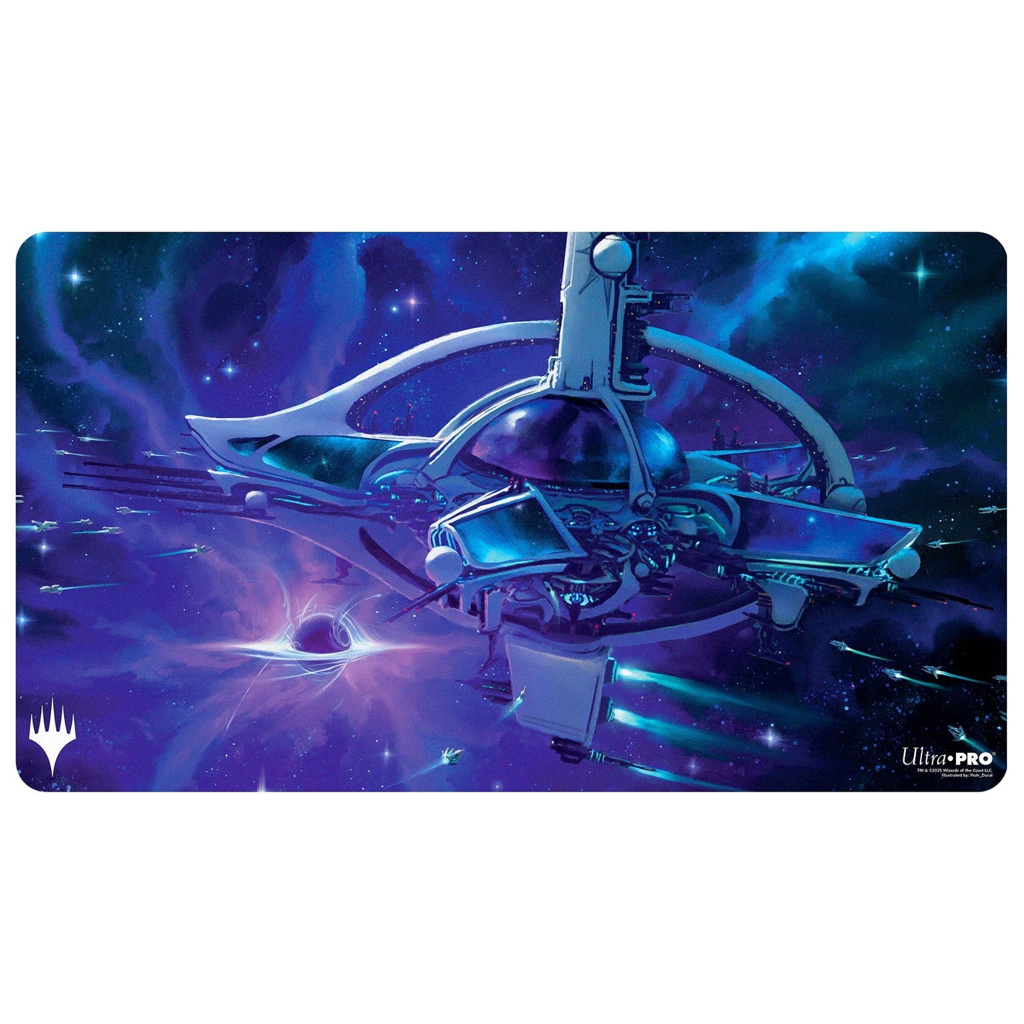 A blue and purple space-themed playmat featuring the Infinite Guideline Station from Magic: The Gathering. Brand: MTG PRO Shop, Item: Edge of Eternities Playmat.