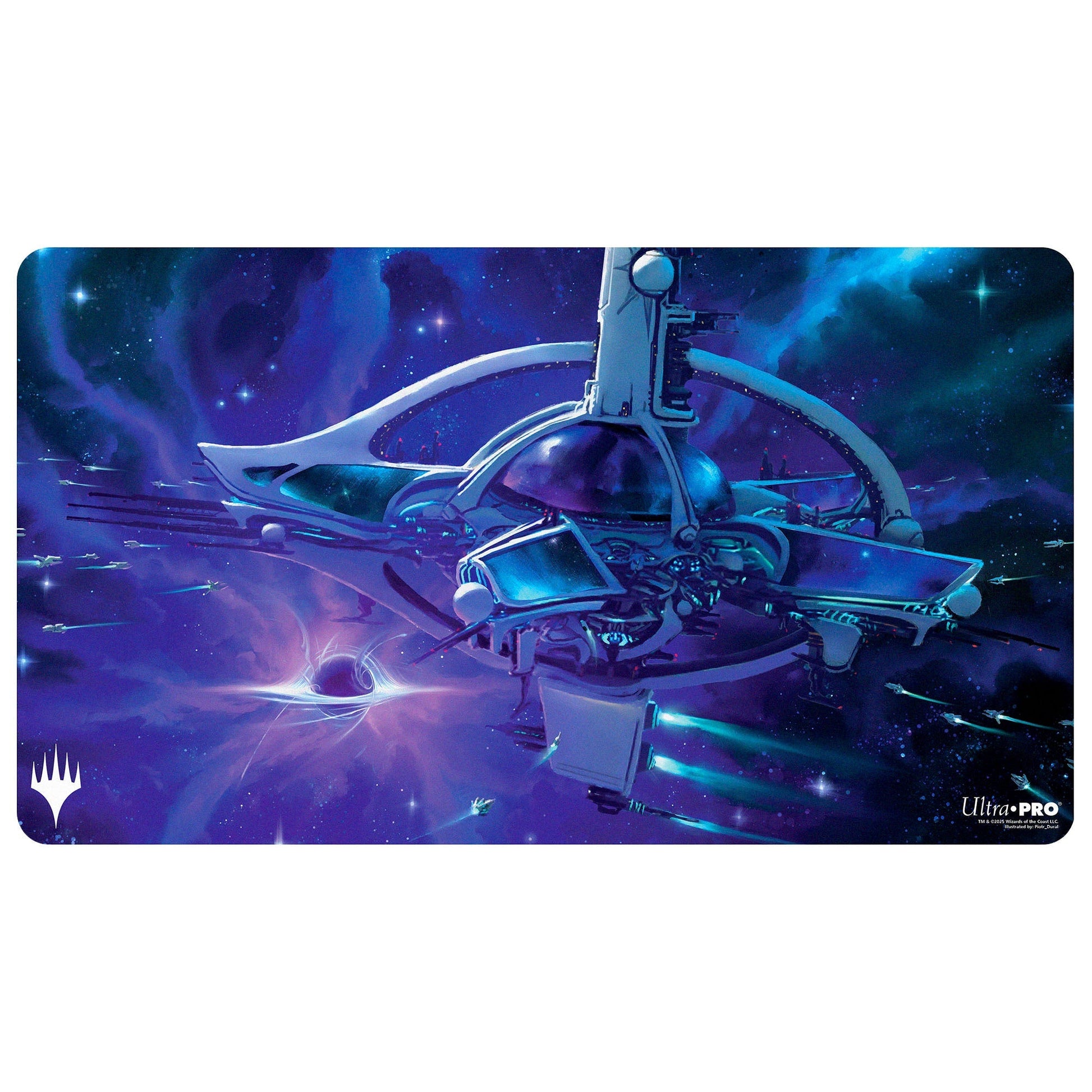 A blue and purple space-themed playmat featuring the Infinite Guideline Station from Magic: The Gathering. Brand: MTG PRO Shop, Item: Edge of Eternities Playmat.