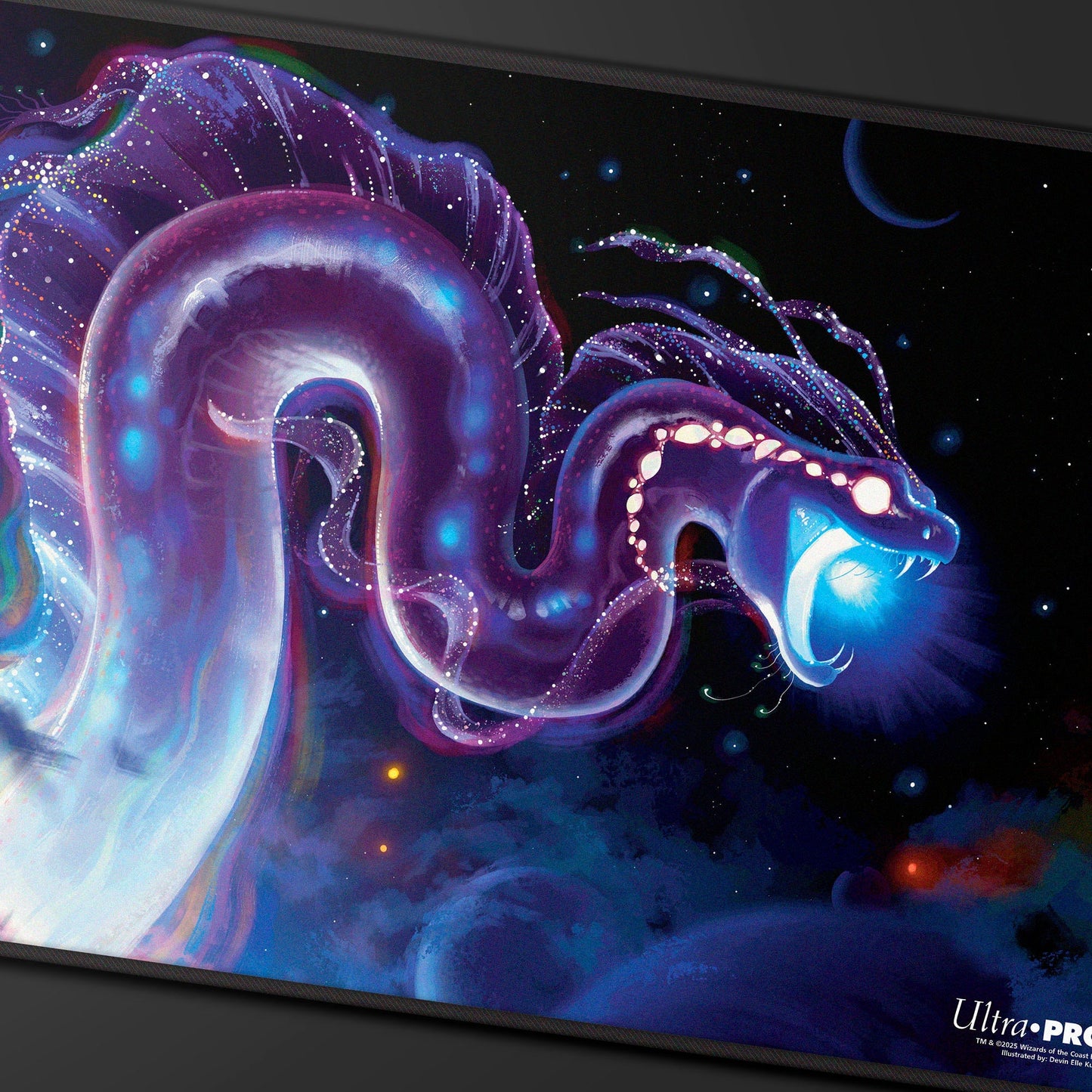 A purple cosmic serpent playmat with glowing blue accents, featuring stars and nebulae. Brand: Ultra-Pro, Item: Edge of Eternities - Black Stitched Playmat - Starwinder - Devin Elle Kurtz for Magic: The Gathering.