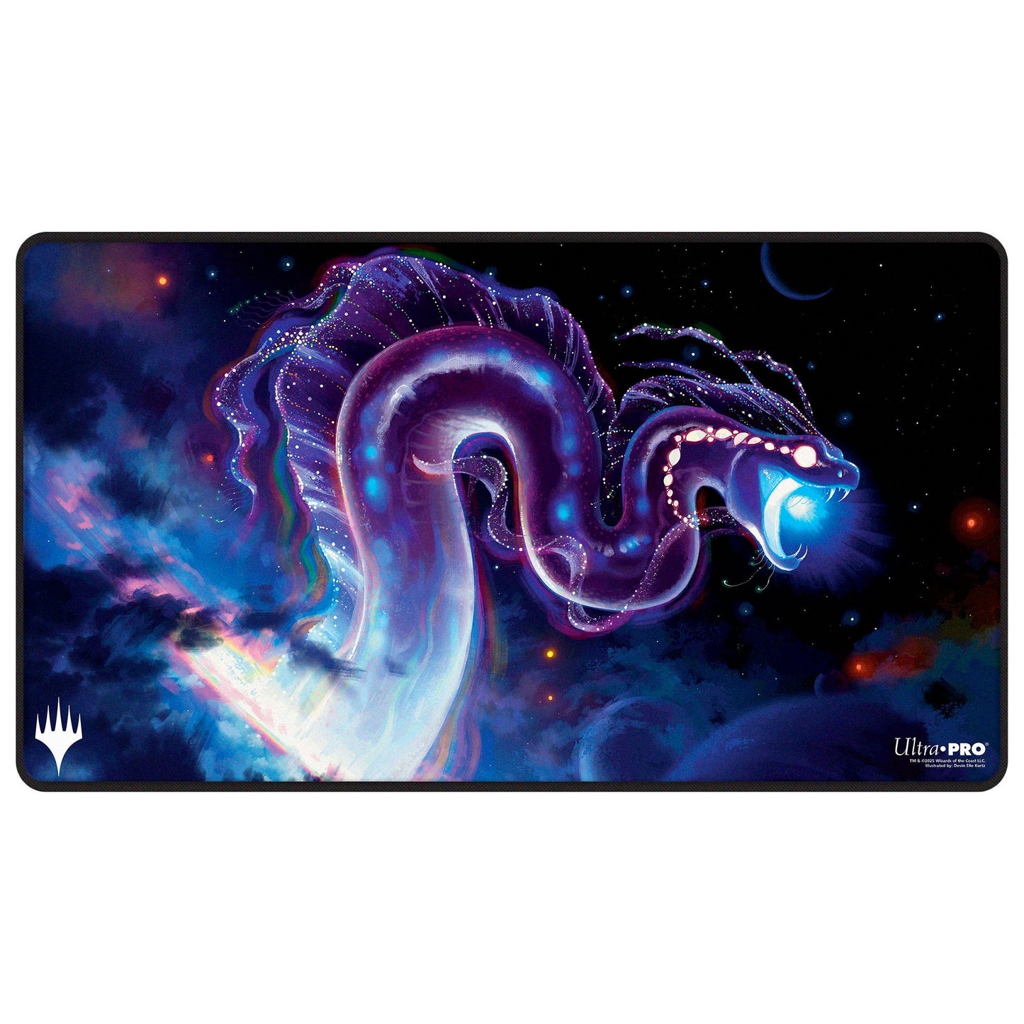 A cosmic purple sea serpent playmat. Brand: MTG PRO Shop, Item: Edge of Eternities - Black Stitched Playmat - Starwinder - Devin Elle Kurtz for Magic: The Gathering