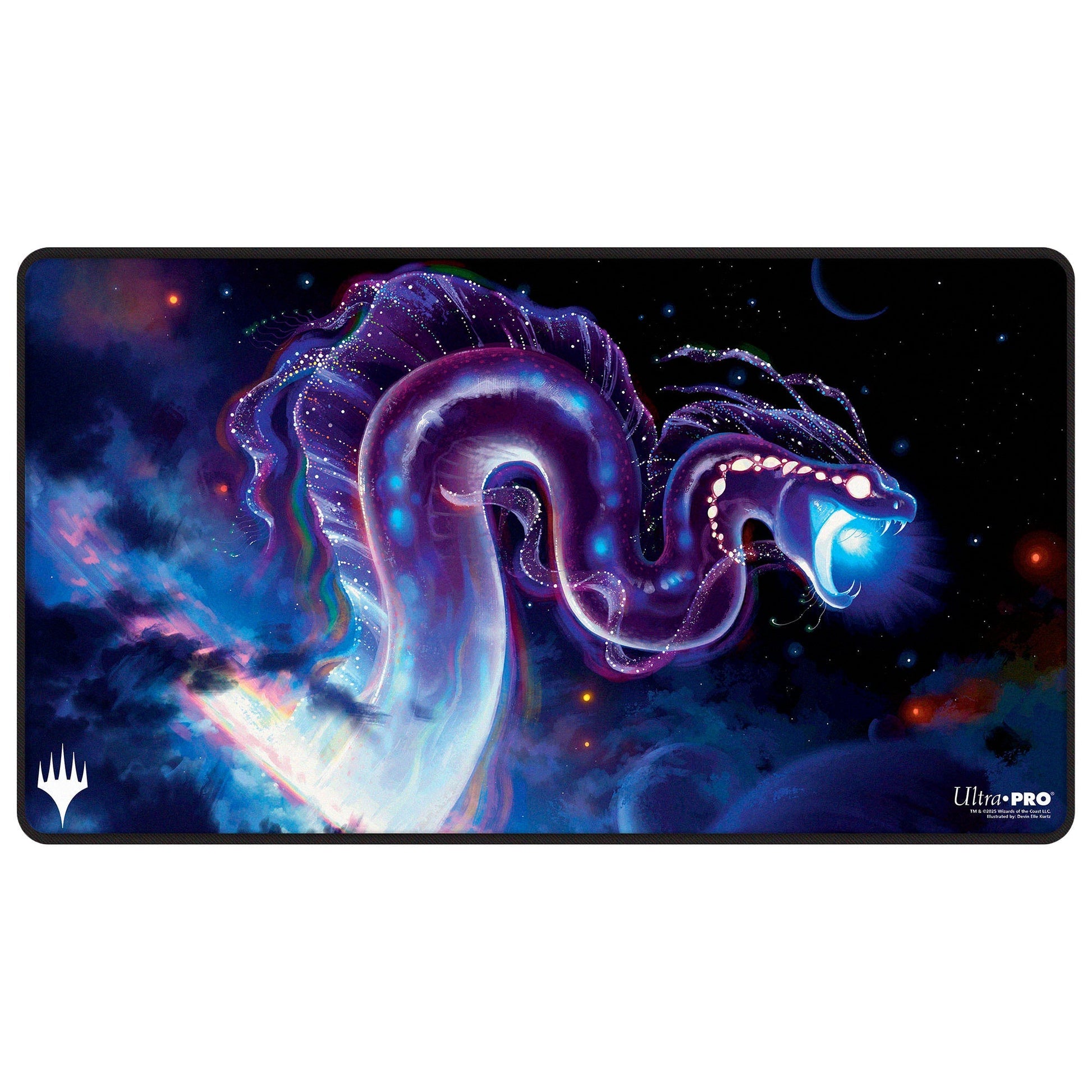 A cosmic purple sea serpent playmat. Brand: MTG PRO Shop, Item: Edge of Eternities - Black Stitched Playmat - Starwinder - Devin Elle Kurtz for Magic: The Gathering