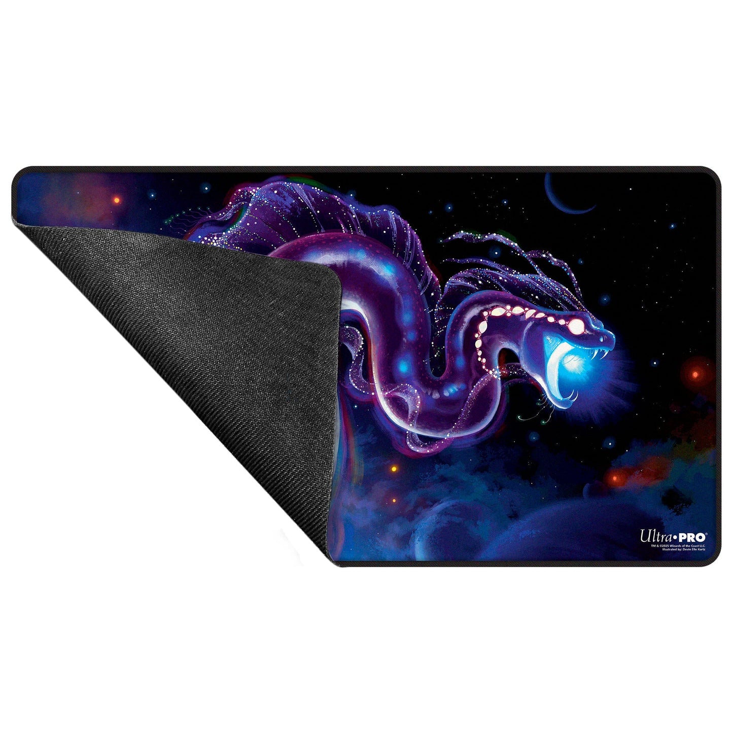 A black stitched playmat featuring the Starwinder artwork by Devin Elle Kurtz for Magic: The Gathering.