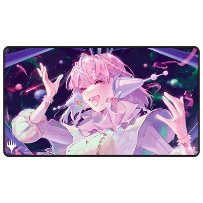 A purple and pink anime-style playmat featuring a character with pink hair and futuristic headphones in a starry space background. Brand: MTG PRO Shop, Item: Edge of Eternities - Black Stitched Playmat - Starfield Maestros - nina for Magic: The Gathering