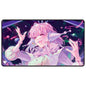 A purple and pink anime-style playmat featuring a character with pink hair and futuristic headphones in a starry space background. Brand: MTG PRO Shop, Item: Edge of Eternities - Black Stitched Playmat - Starfield Maestros - nina for Magic: The Gathering