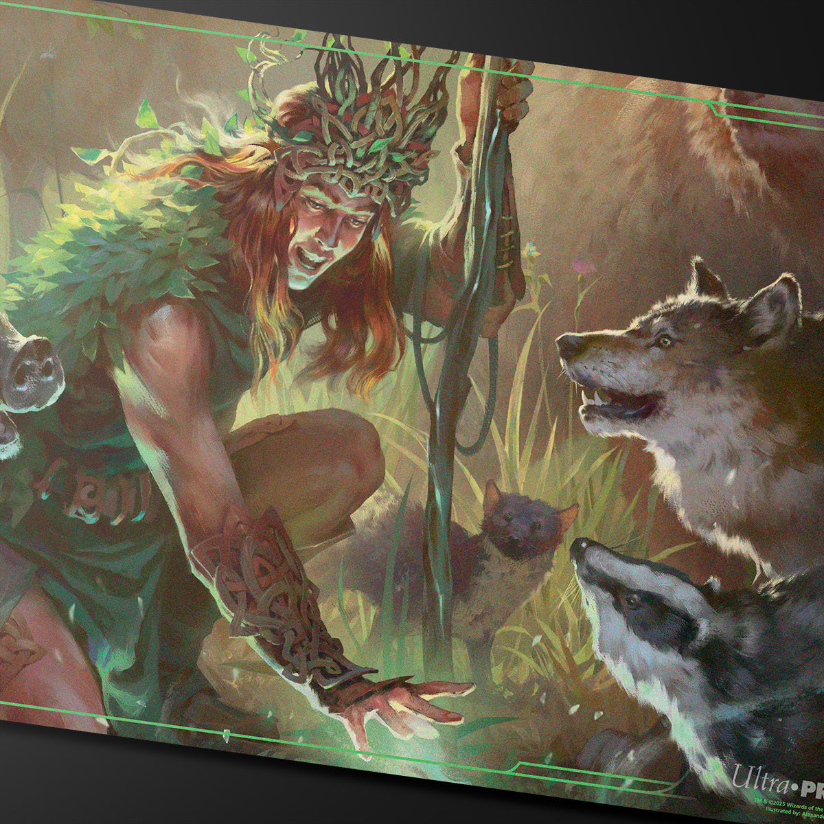 A Dungeons & Dragons Druid Class Playmat featuring a druid interacting with woodland creatures. Brand: Ultra Pro, Item: Dungeons & Dragons Druid Class Playmat.