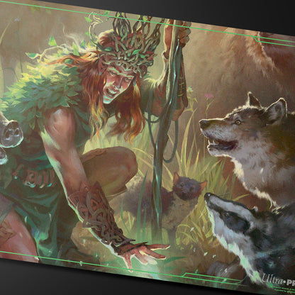 A Dungeons & Dragons Druid Class Playmat featuring a druid interacting with woodland creatures. Brand: Ultra Pro, Item: Dungeons & Dragons Druid Class Playmat.