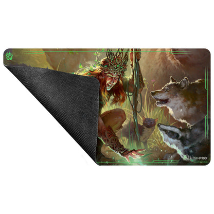A Dungeons & Dragons Druid Class Playmat featuring a druid with a crown of leaves, surrounded by wolves and a badger.