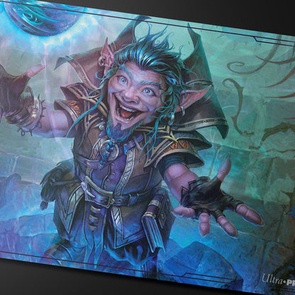 A Dungeons & Dragons Warlock Class Playmat featuring a grinning gnome character with blue hair and ornate armor.