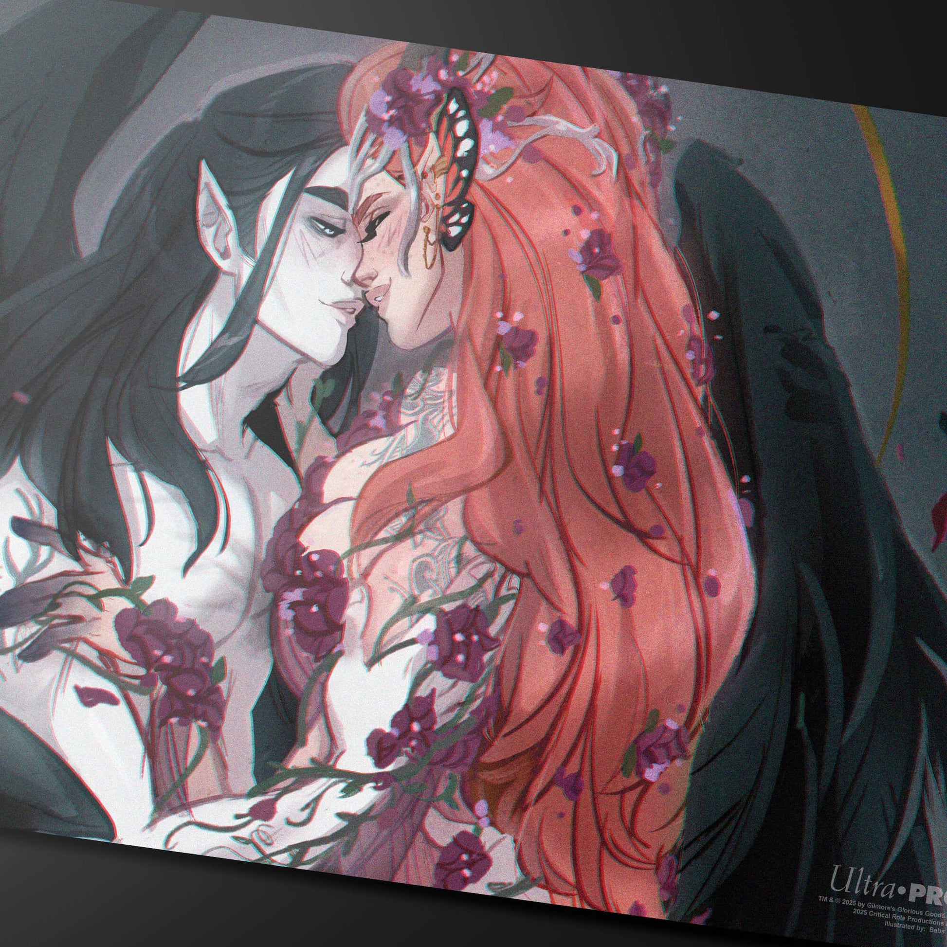A Vax and Keyleth playmat featuring an intimate embrace, adorned with flowers and a butterfly. Brand: Ultra PRO, Item: Critical Role Pinups - Vax and Keyleth Playmat.