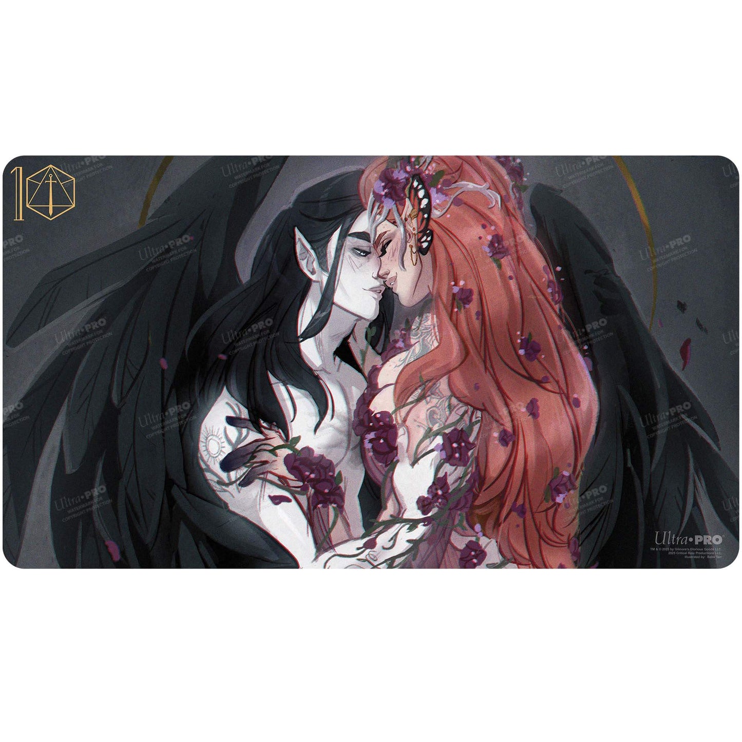 A dark fantasy illustration of Vax and Keyleth from Critical Role on an Ultra PRO playmat.