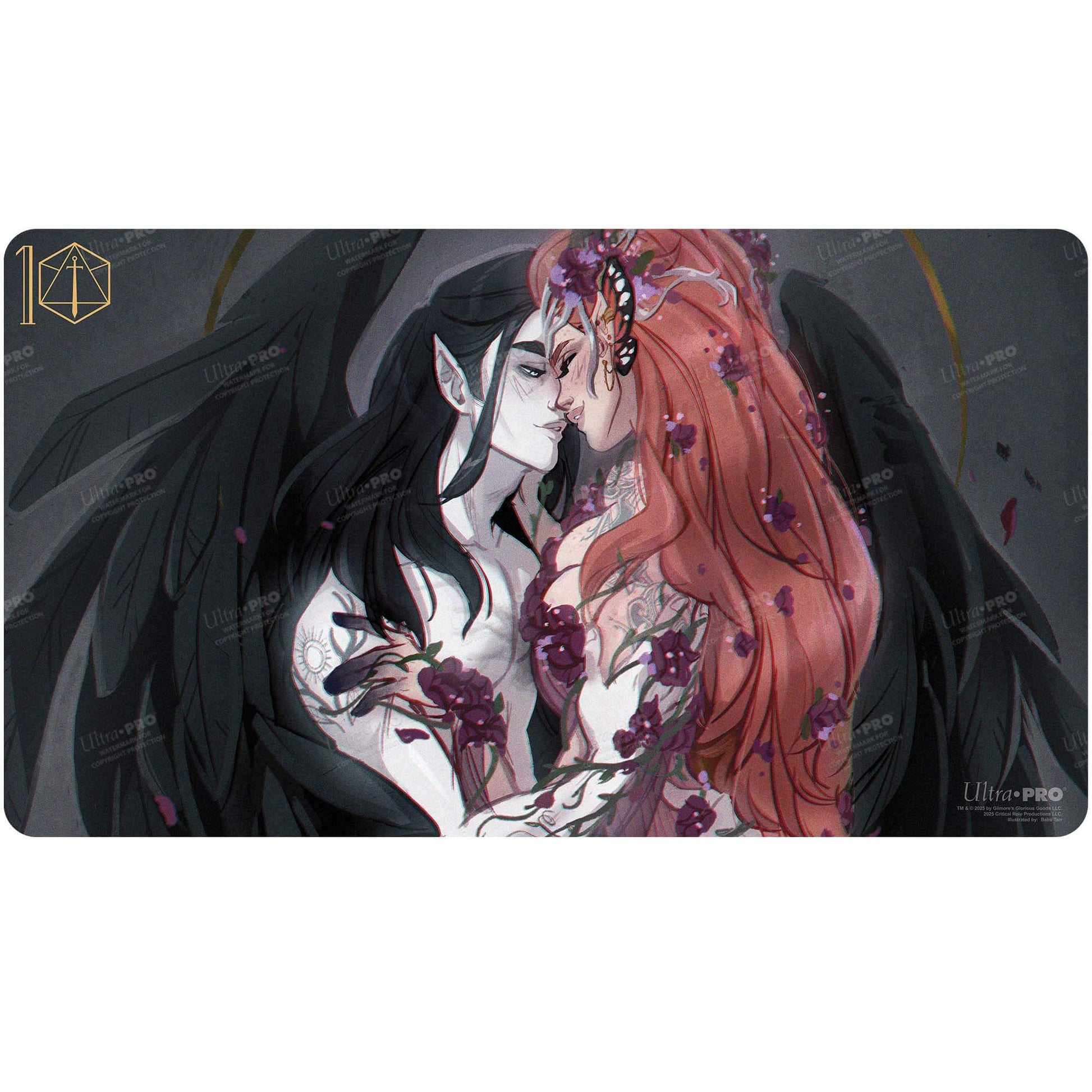 A dark fantasy illustration of Vax and Keyleth from Critical Role on an Ultra PRO playmat.