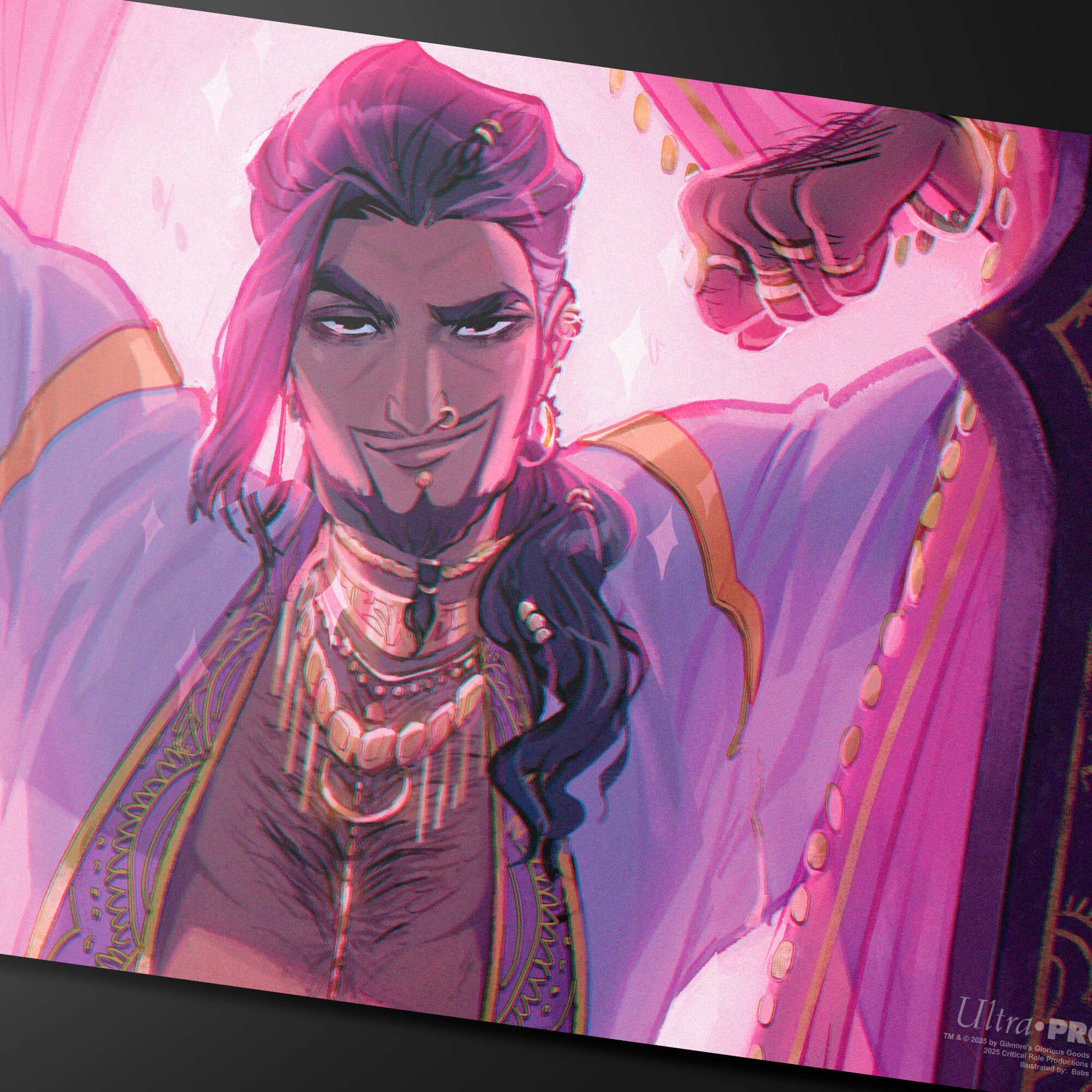 A vibrant pink and purple playmat featuring the Critical Role character Shaun Gilmore in an ornate outfit, with sparkling accents. Brand: Ultra PRO, Item: Critical Role Pinups - Shaun Gilmore Playmat.
