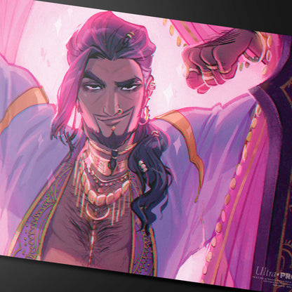 A vibrant pink and purple playmat featuring the Critical Role character Shaun Gilmore in an ornate outfit, with sparkling accents. Brand: Ultra PRO, Item: Critical Role Pinups - Shaun Gilmore Playmat.