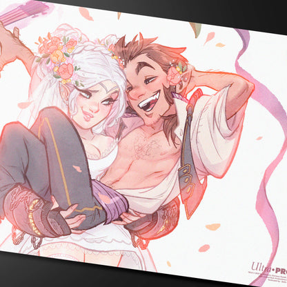 A watercolor-style playmat featuring Pike Trickfoot and Scanlan Shorthalt from Critical Role in a joyful embrace, adorned with flowers. Brand: Ultra PRO, Item: Critical Role Pinups - Pike and Scanlan Playmat.