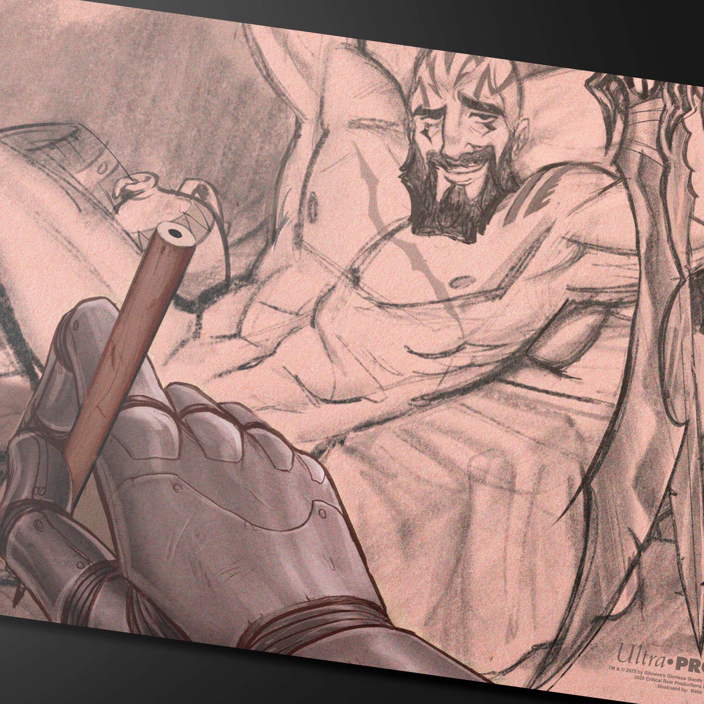 A sketch-style playmat featuring a muscular, bearded man with a cigar and a robotic hand holding a pencil. Brand: Ultra PRO, Item: Critical Role Pinups - Grog Playmat.