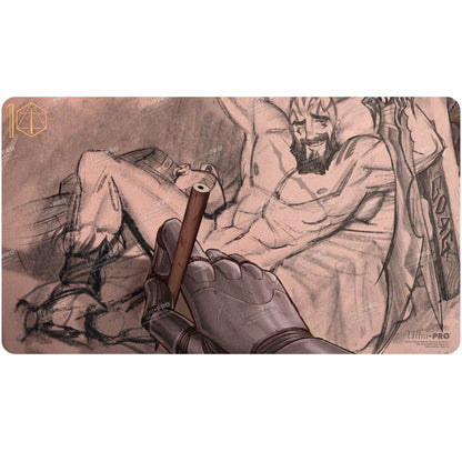 A charcoal sketch playmat featuring Grog Strongjaw from Critical Role, holding a cigar. Brand: Ultra PRO, Item: Critical Role Pinups - Grog Playmat.