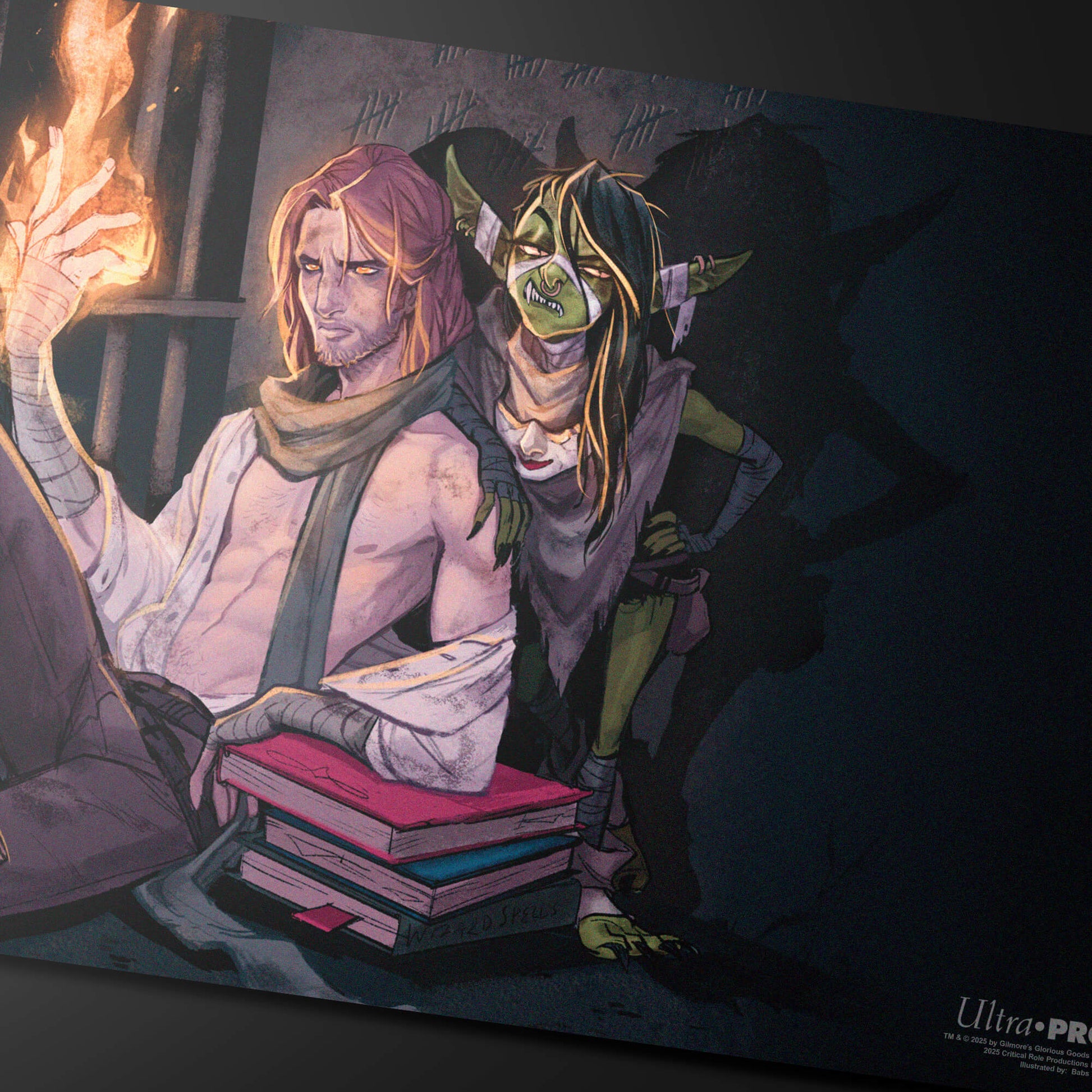 A fantasy art playmat featuring Caleb Widogast and Nott the Brave from Critical Role, with Caleb conjuring fire and Nott leaning on him.