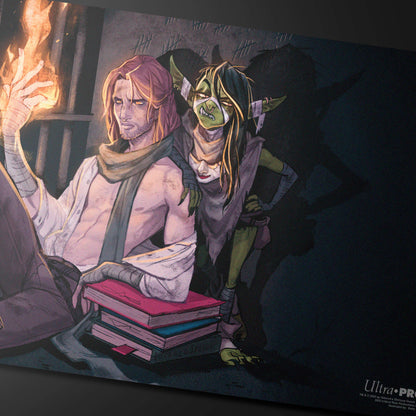 A fantasy art playmat featuring Caleb Widogast and Nott the Brave from Critical Role, with Caleb conjuring fire and Nott leaning on him.