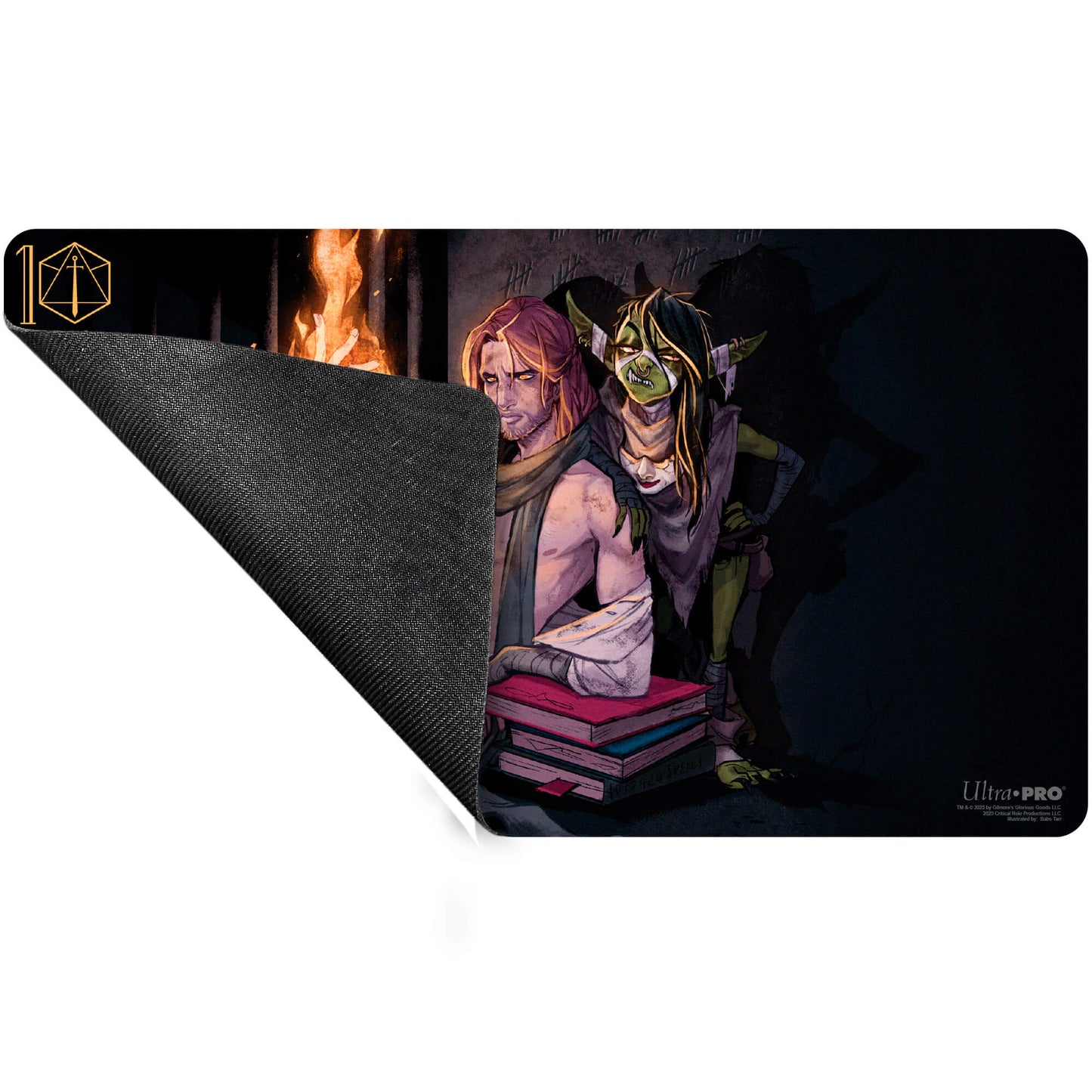 A black playmat featuring artwork of Critical Role characters Caleb and Nott, with a D20 logo and fire. Brand: Ultra PRO, Item: Critical Role Pinups - Caleb and Nott Playmat.