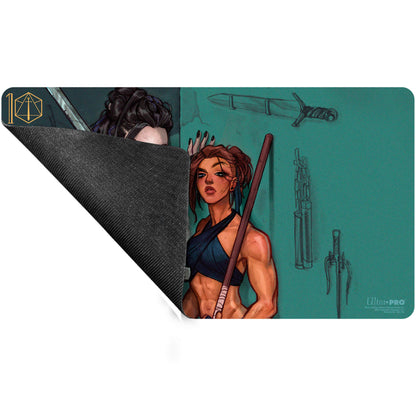 A teal Critical Role Pinups Yasha and Beauregard Playmat. Brand: Ultra PRO, Item: Critical Role Pinups - Yasha and Beauregard Playmat.