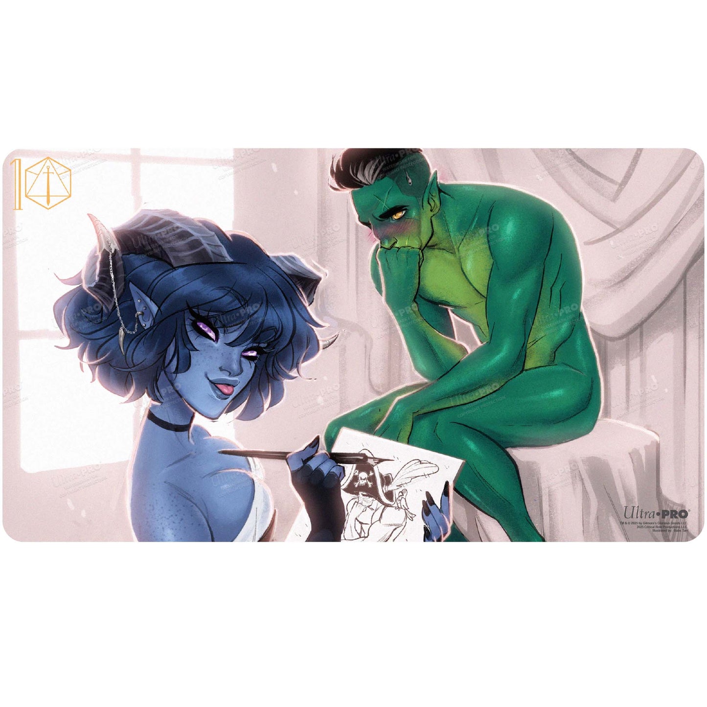 A vibrant illustration of Jester Lavorre and Fjord from Critical Role on a playmat. Jester, with blue skin and horns, is drawing Fjord, a green-skinned orc, who blushes. Brand: Ultra PRO, Item: Critical Role Pinups - Jester and Fjord Playmat