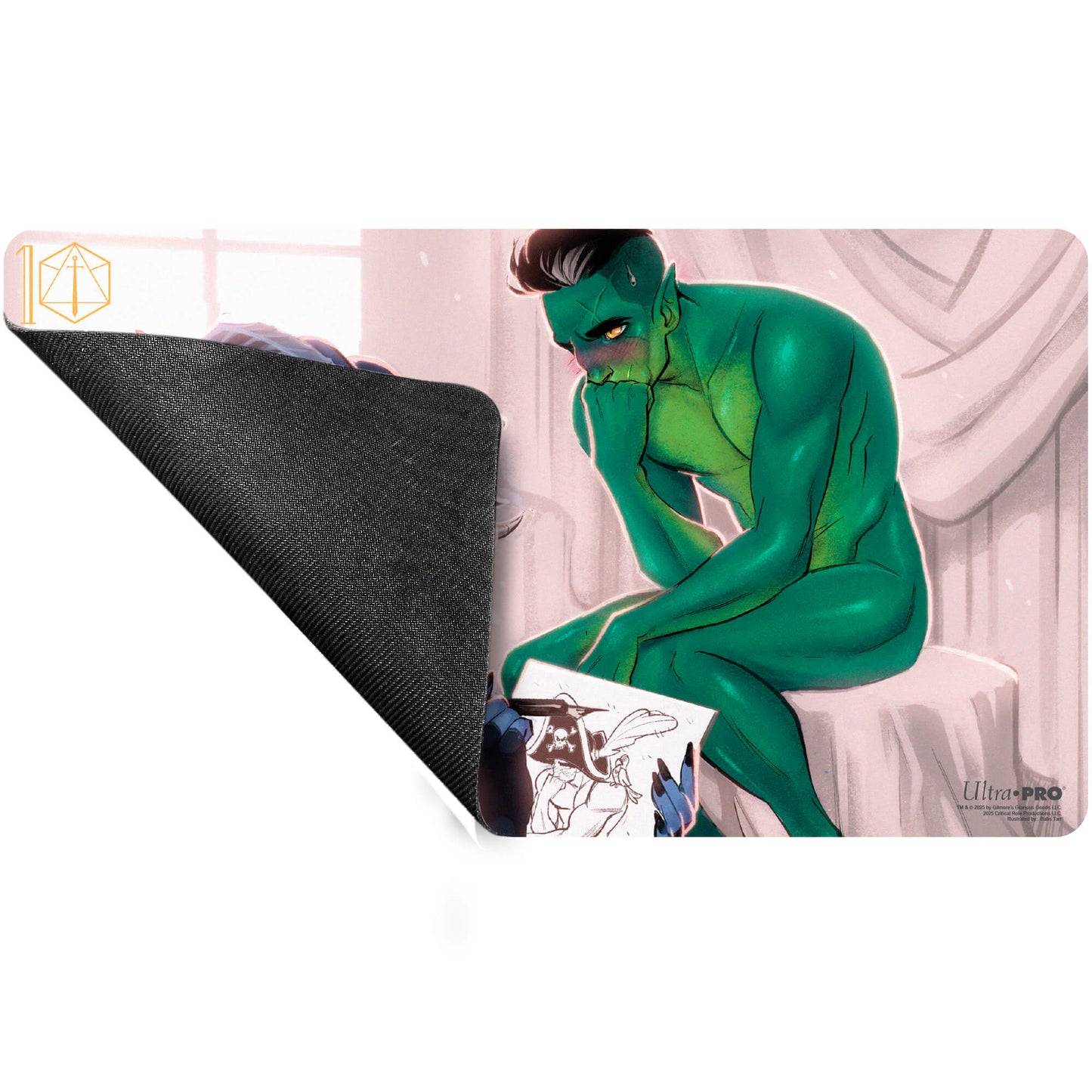 A green orc character sitting and looking at a drawing of a pirate. The playmat has a black textured backing. Brand: Ultra Pro, Item: Critical Role Pinups - Jester and Fjord Playmat.