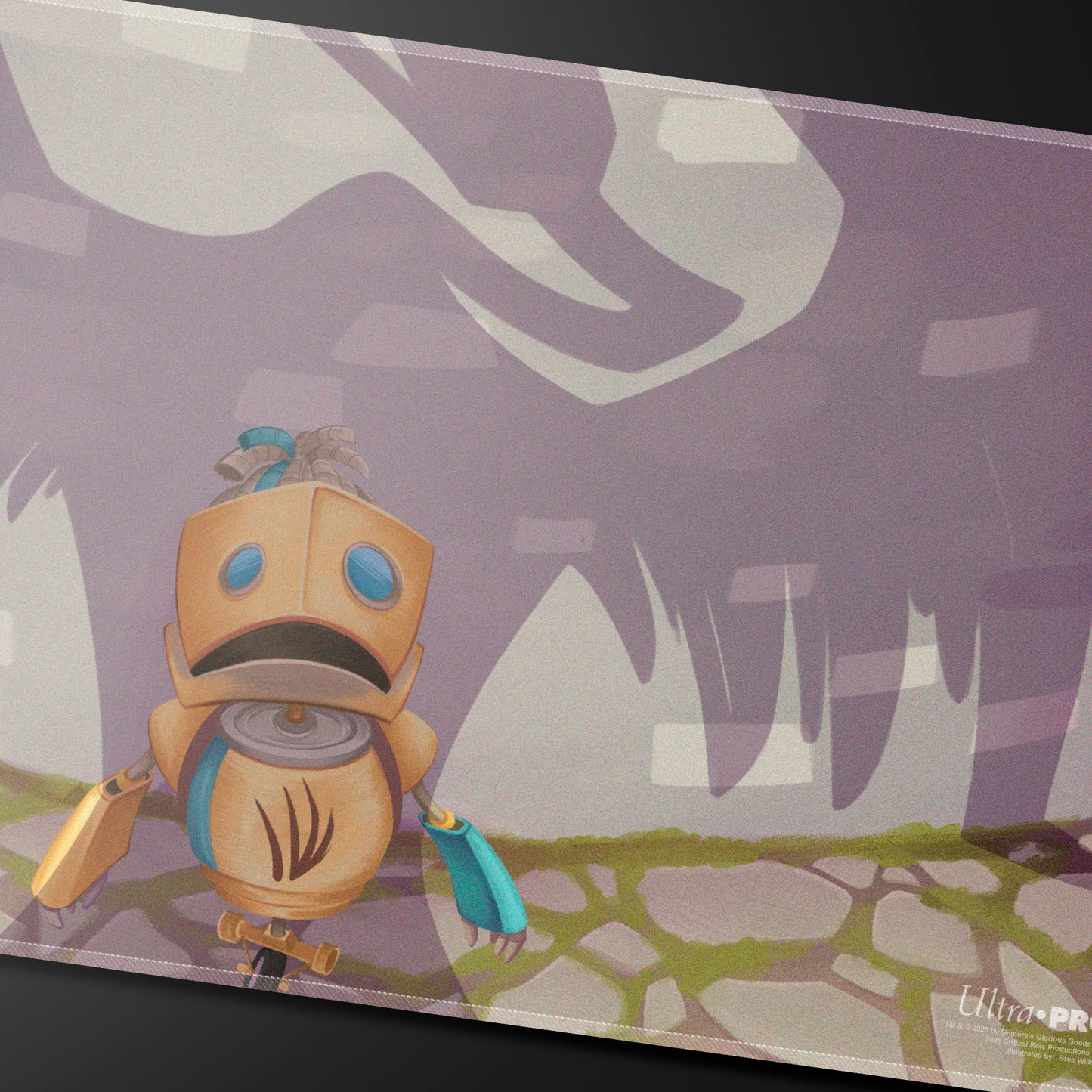 A tan and blue robot with a sad expression on a playmat. Brand: Ultra Pro, Item: Critical Role Baddies - FCG Stitched Playmat for Tabletop Gaming.