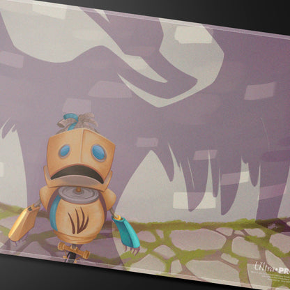 A tan and blue robot with a sad expression on a playmat. Brand: Ultra Pro, Item: Critical Role Baddies - FCG Stitched Playmat for Tabletop Gaming.