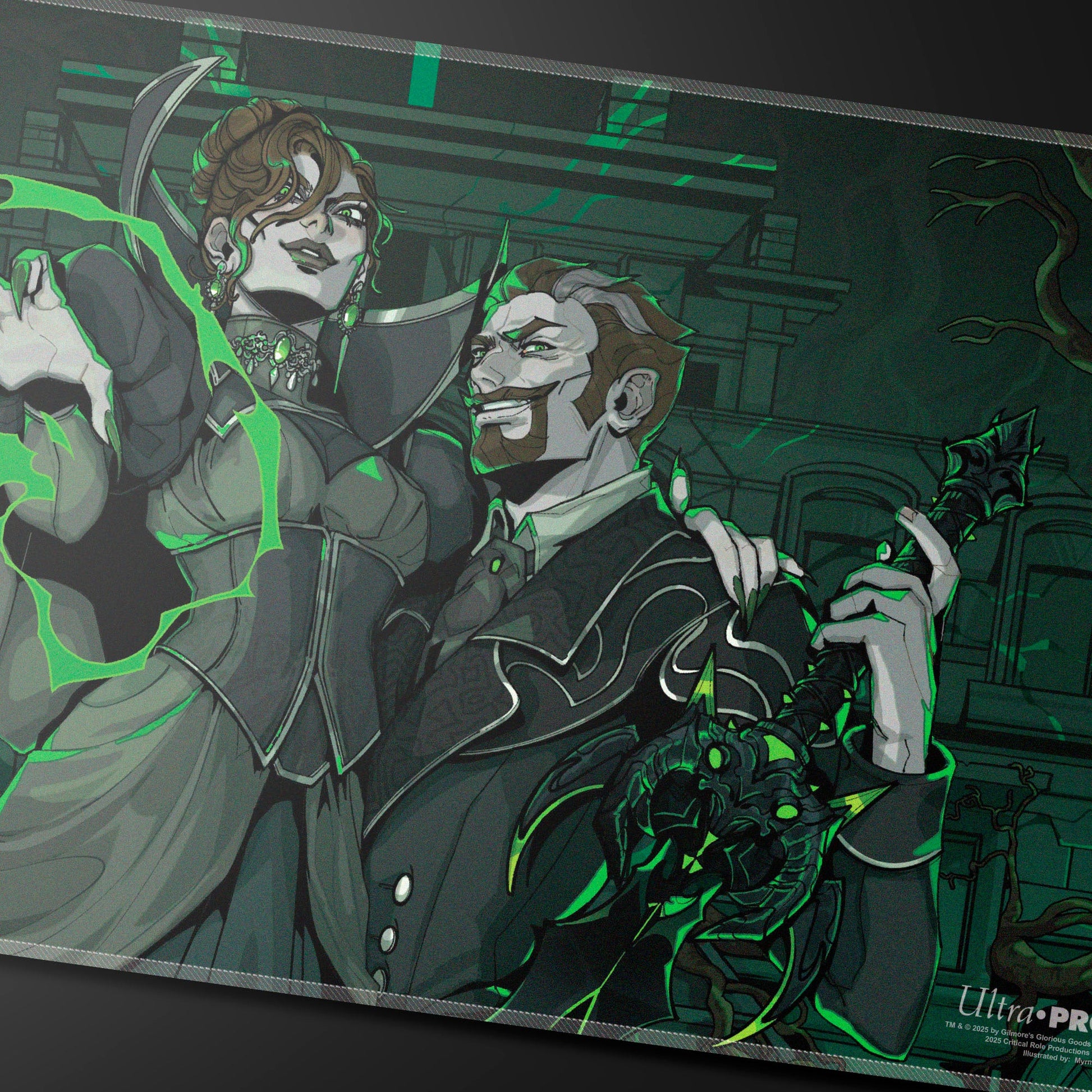 A dark green and grey stitched playmat featuring the Briarwoods from Critical Role, illustrated in a gothic style with glowing green accents. Brand: Ultra PRO, Item: Critical Role Baddies - Briarwoods Stitched Playmat for Tabletop Gaming.