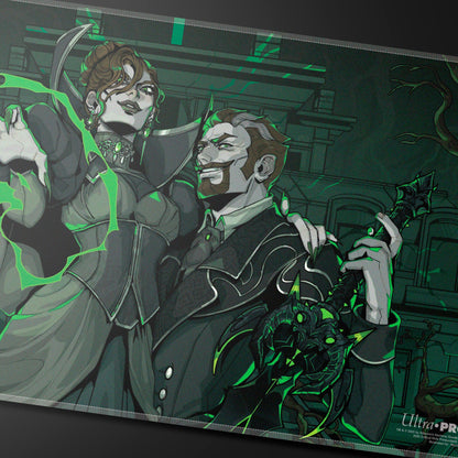 A dark green and grey stitched playmat featuring the Briarwoods from Critical Role, illustrated in a gothic style with glowing green accents. Brand: Ultra PRO, Item: Critical Role Baddies - Briarwoods Stitched Playmat for Tabletop Gaming.