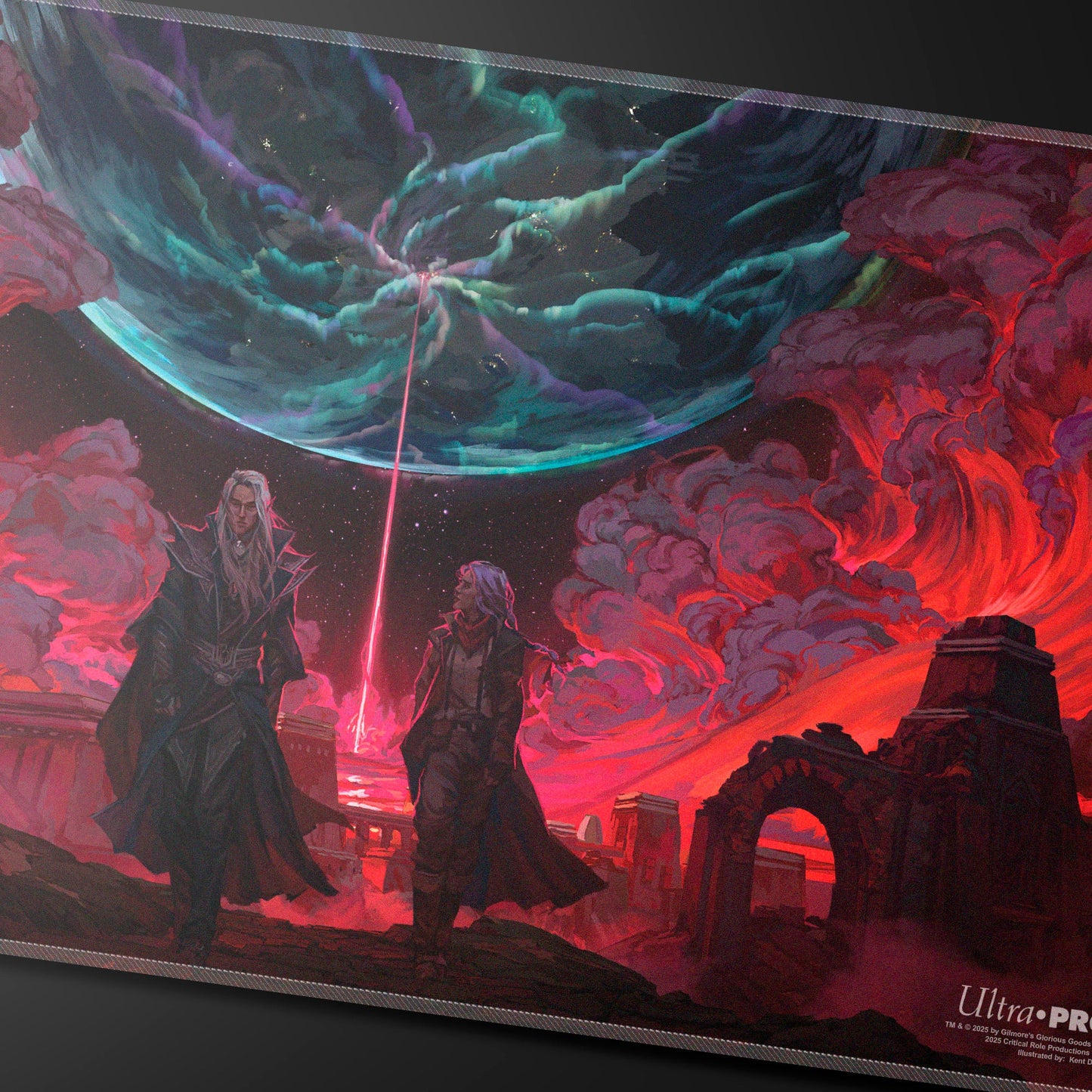 A fantasy art playmat featuring two characters standing in a desolate, red-hued landscape under a swirling, cosmic sky. Brand: Ultra PRO, Item: Critical Role Baddies - The Bloody Bridge Stitched Playmat.