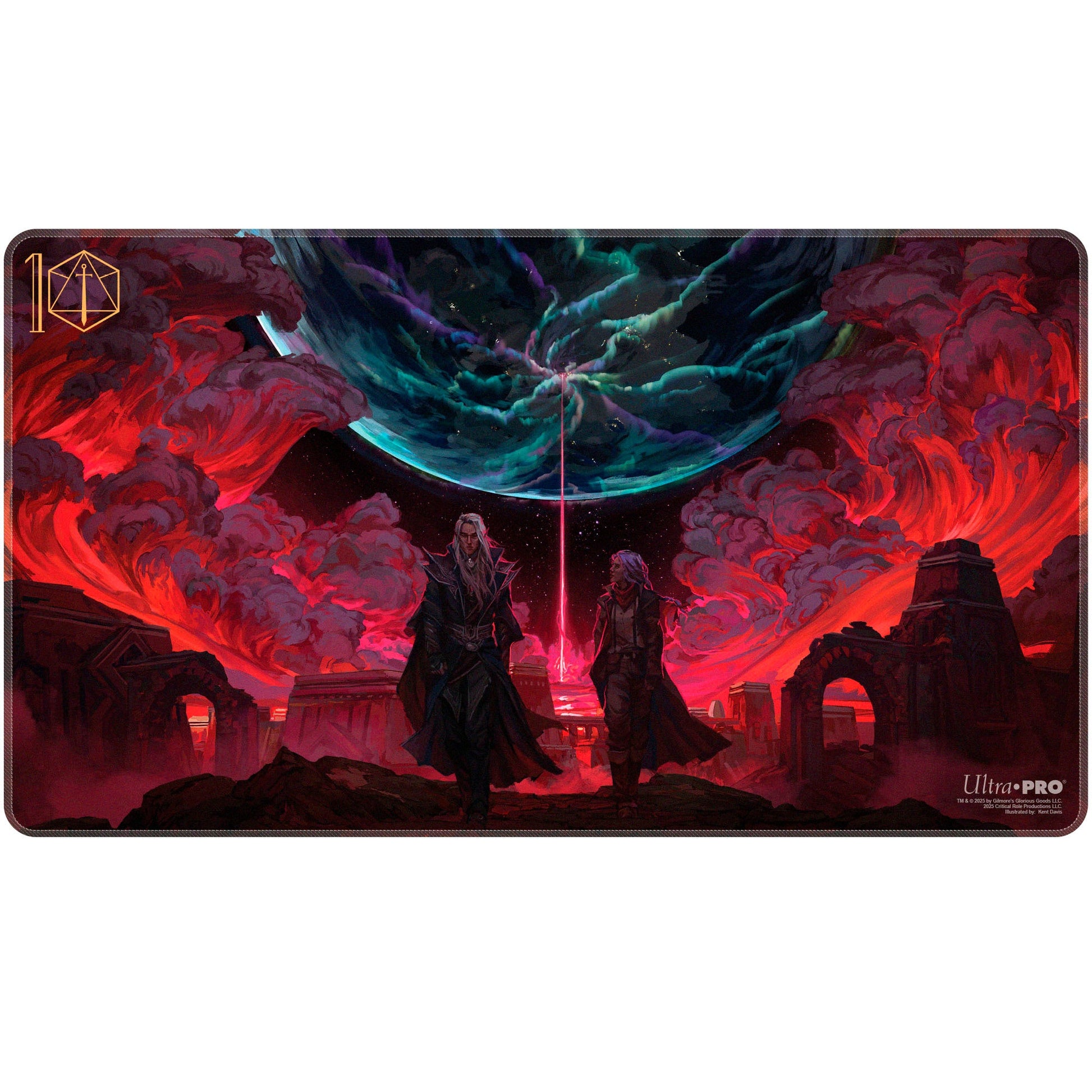 A rectangular playmat featuring artwork from Critical Role's Bloody Bridge, with two figures walking through ruins under a swirling, cosmic sky. Brand: Ultra PRO, Item: Critical Role Baddies - The Bloody Bridge Stitched Playmat for Tabletop Gaming