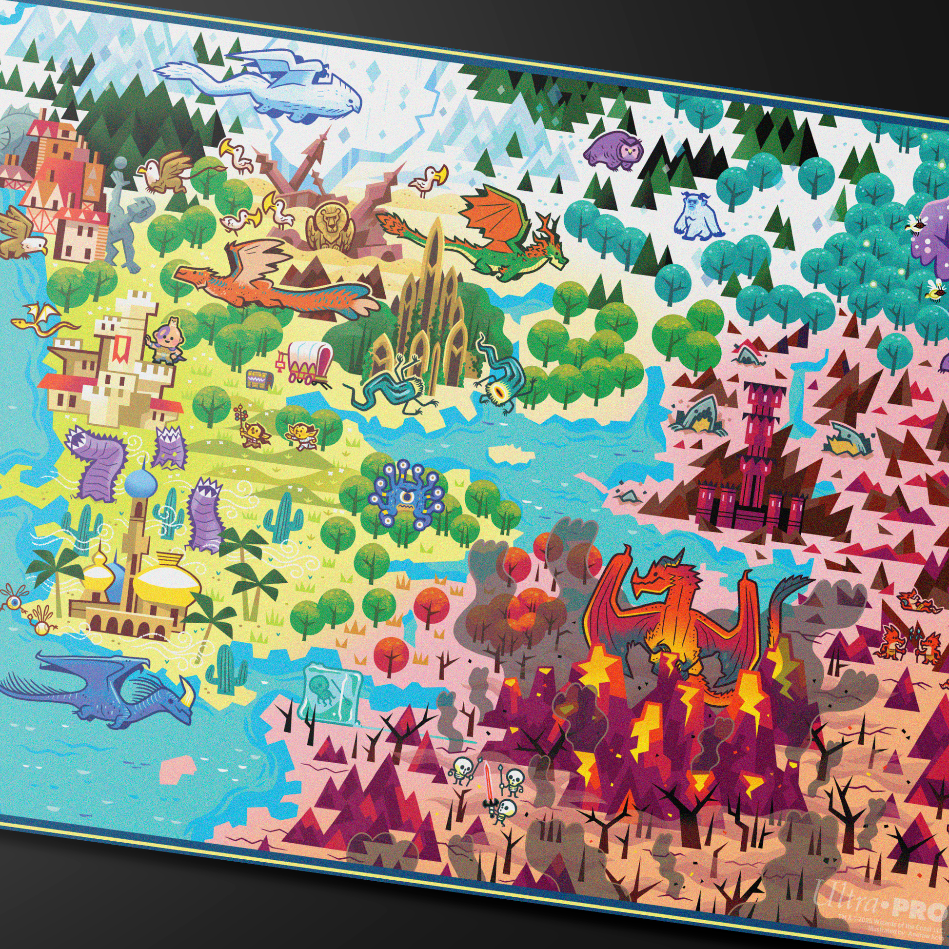 A colorful fantasy map playmat for Dungeons & Dragons, featuring dragons, castles, and various creatures. Brand: Ultra Pro, Item: Extra Life 2025 Playmat for Dungeons & Dragons.
