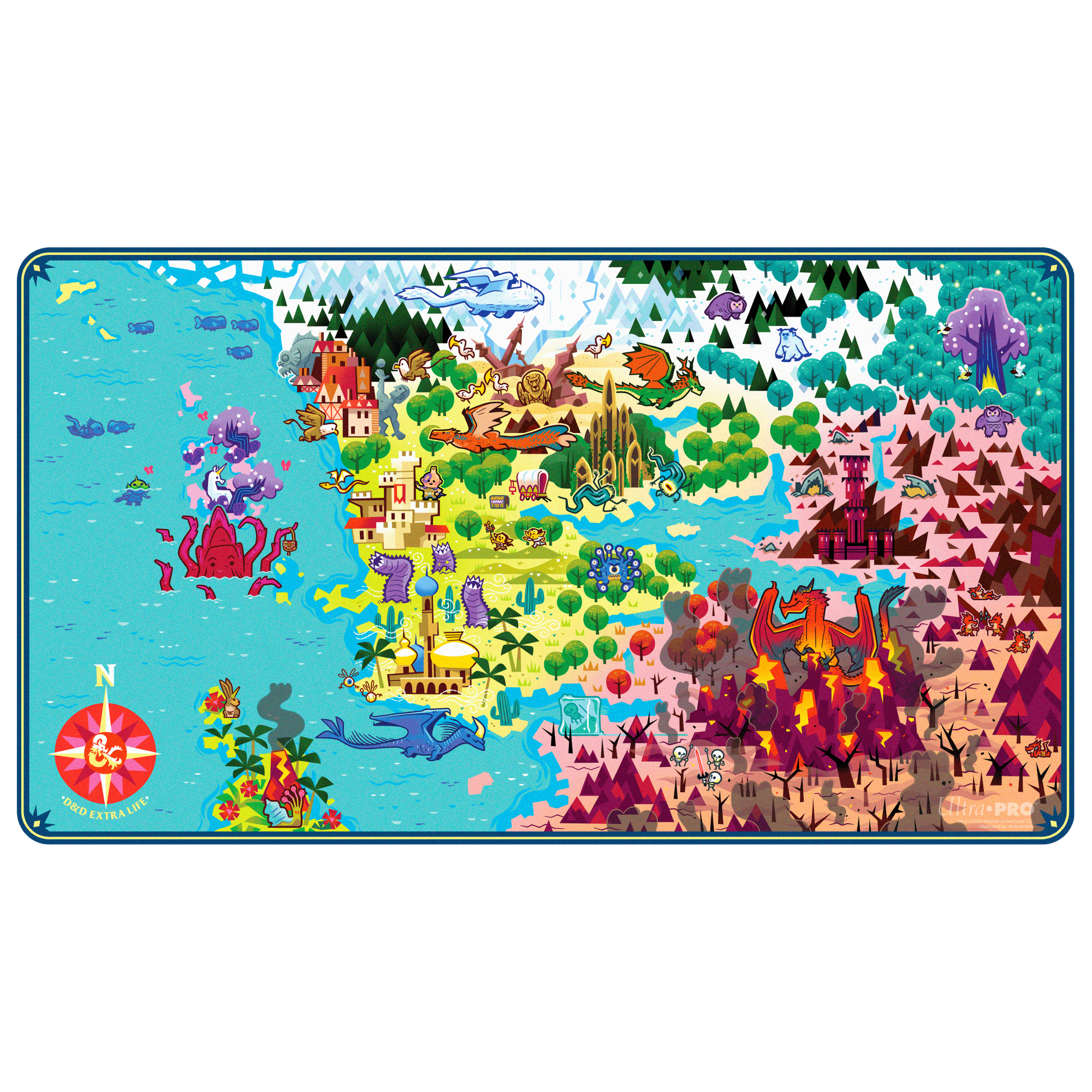 A colorful fantasy map playmat for Dungeons & Dragons Extra Life 2025. Brand: Ultra PRO, Item: Extra Life 2025 Playmat for Dungeons & Dragons.