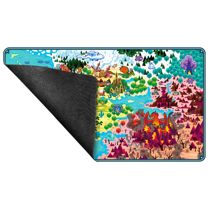 A colorful Dungeons & Dragons themed playmat featuring a fantasy map with dragons, castles, and various creatures. Brand: Ultra PRO, Item: Extra Life 2025 Playmat for Dungeons & Dragons.