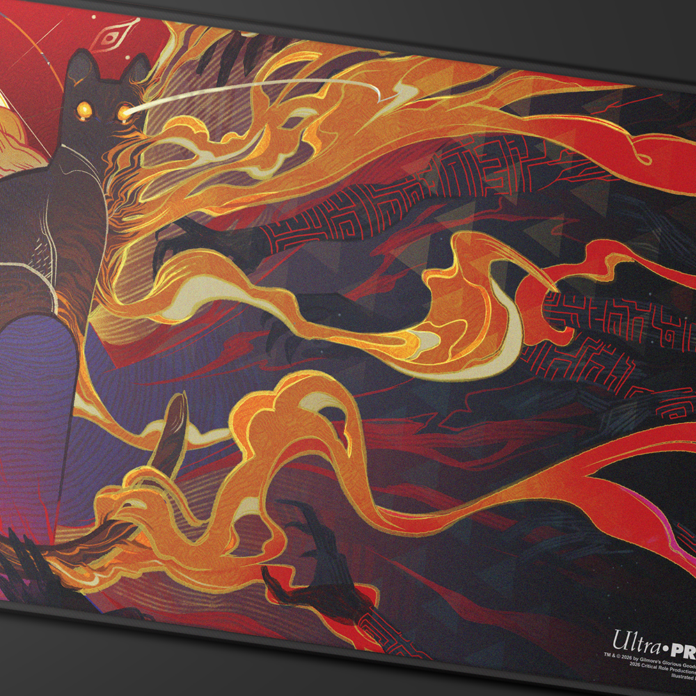 A black and orange stylized cat with glowing eyes on a playmat, featuring fiery accents and intricate patterns. Brand: Ultra PRO, Item: Critical Role Radiants: The Mighty Nein Caleb Widogast Black-Stitched Playmat.